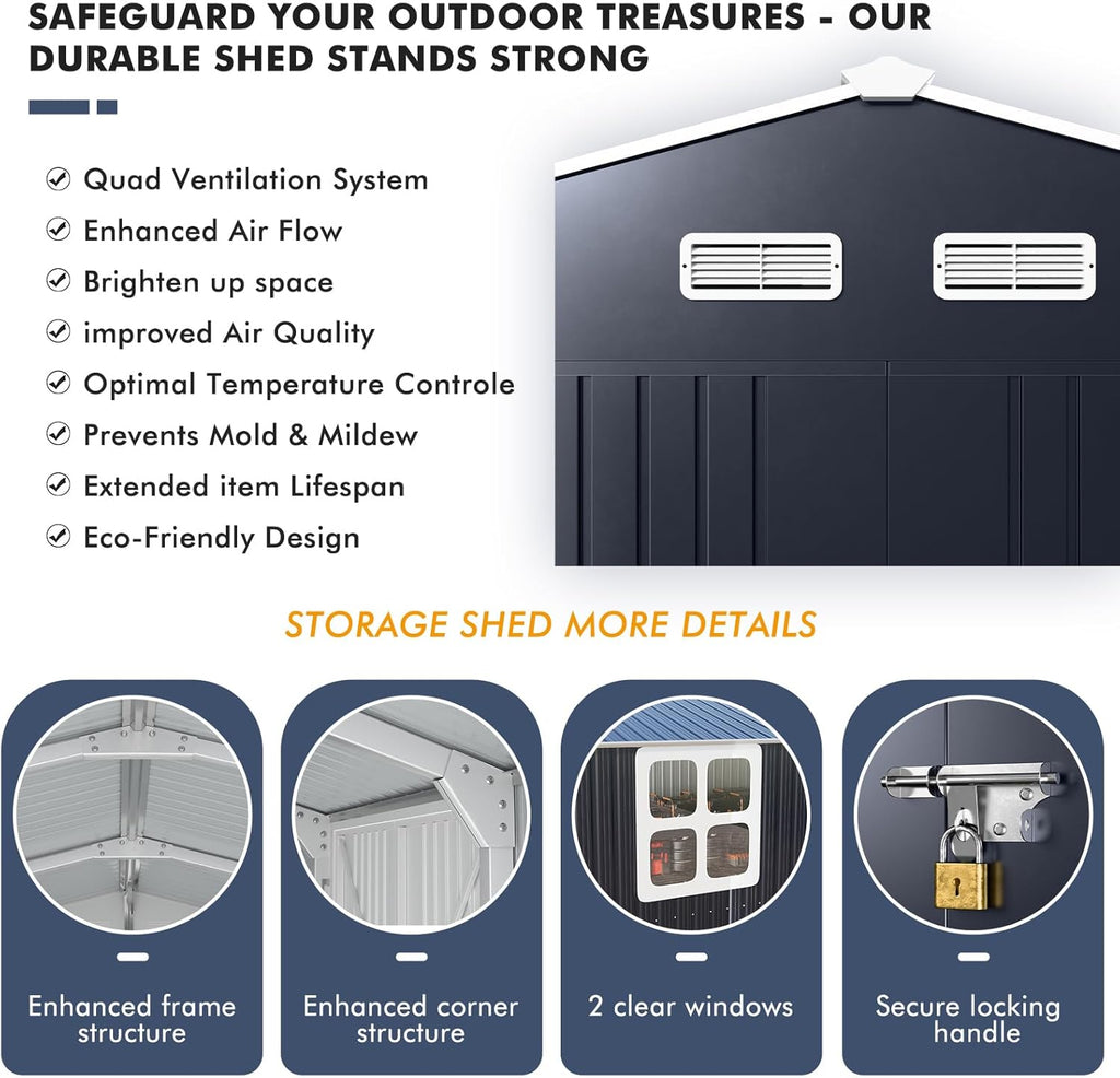 Metal Shed 10x16 FT Large with Customizable Skylight and Reinforced Steel Frame, Heavy-Duty Galvanized Steel Big Garden Sheds with Lockable Doors,4 Pane Windows, Large Utility Tool Sheds