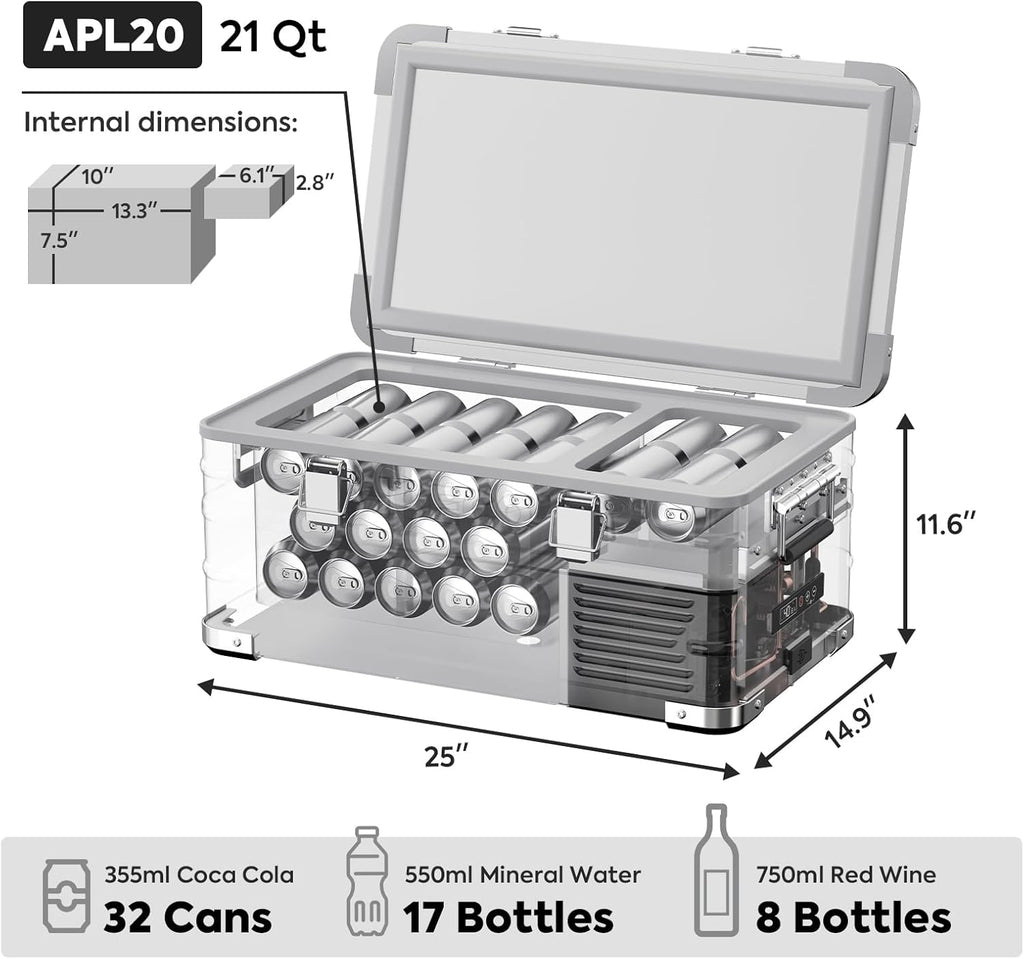ICECO APL20 12 Volt Car Refrigerator, 21 Qts Light Duty Aluminum 12V Portable Fridge Freezer, Electric Cooler with SECOP Nano Compressor, -4℉~68℉, 12/24V DC, 100-240V AC for RV, Truck, Camping