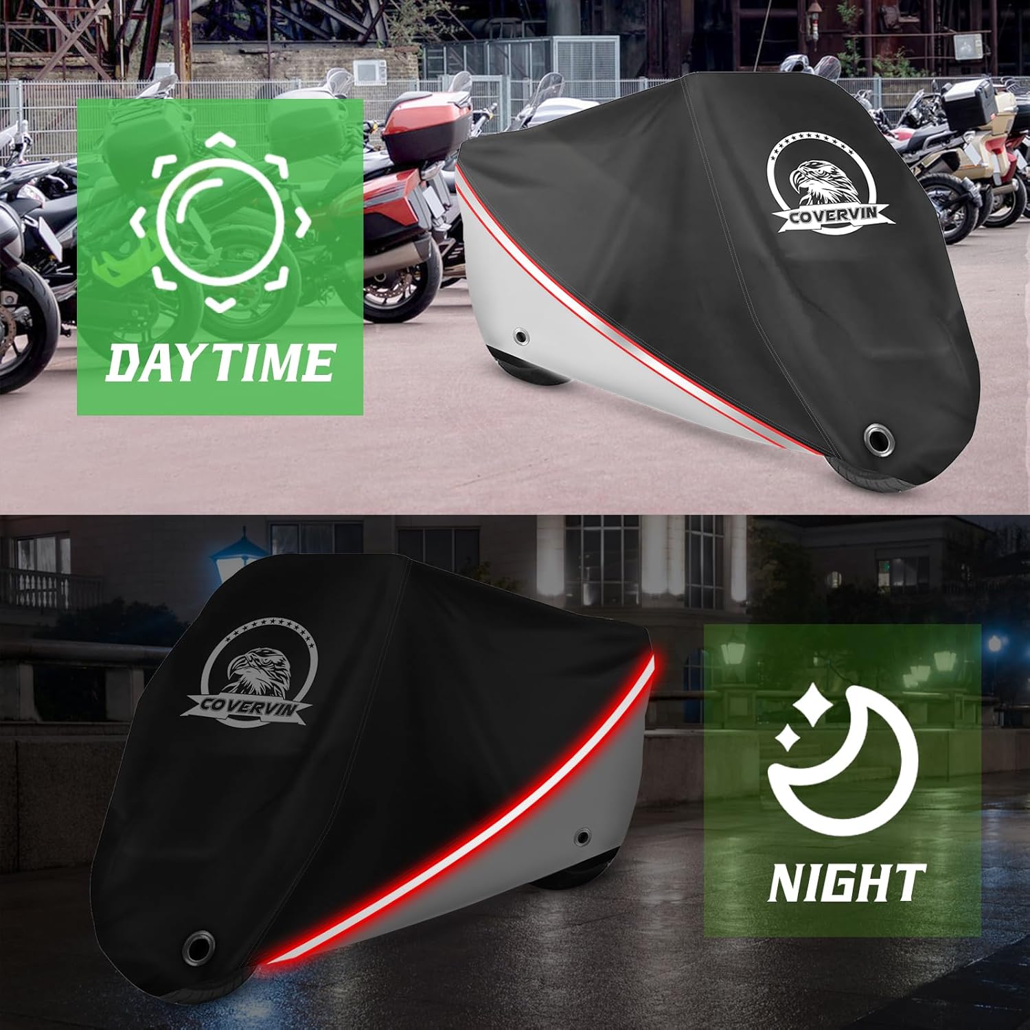 COVERVIN Motorcycle Cover, All Weather Outdoor Waterproof Night Protection with Reflective Strips, Locking Holes and Storage Bag for 116 Inch Suzuki, Kawasaki, Honda, Harley-Davidson(Silver XXXL)