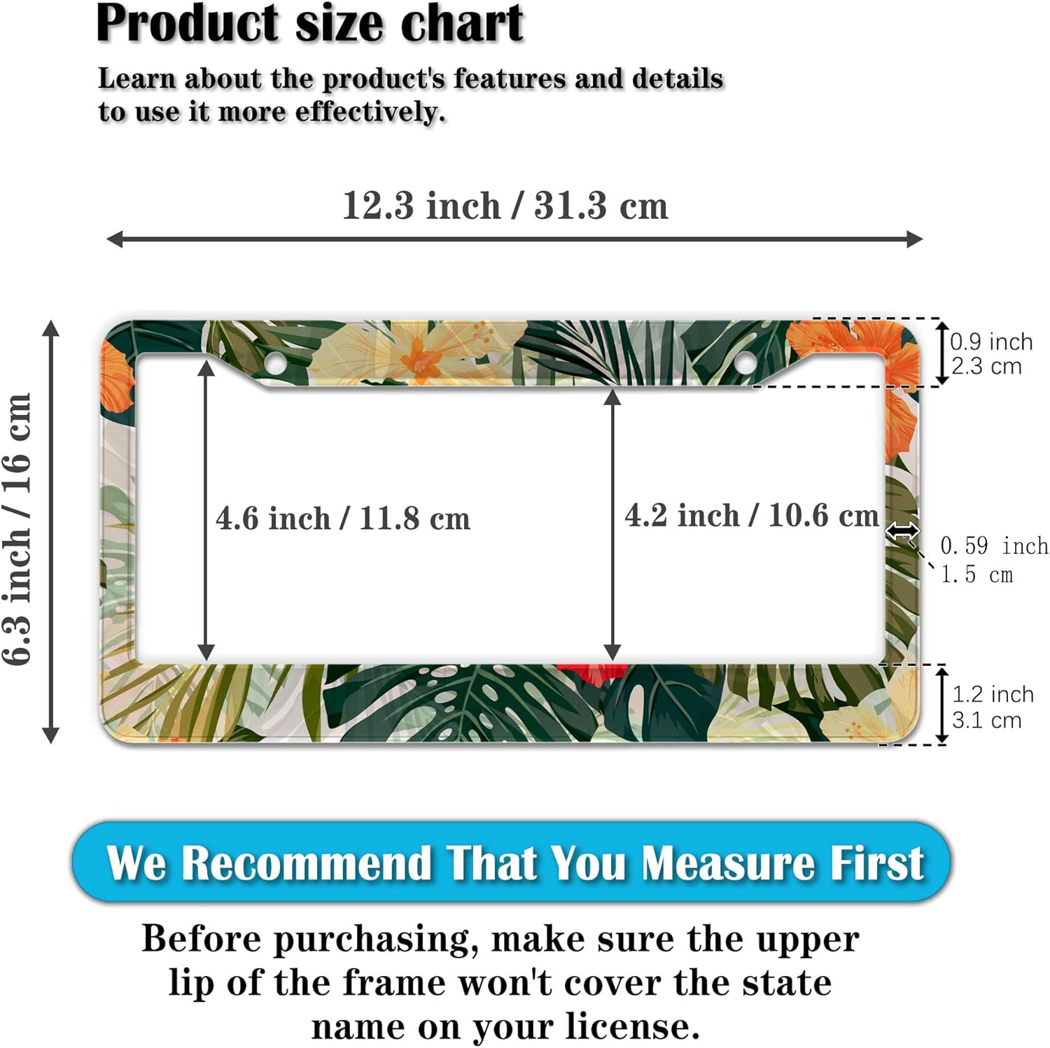 Car Plate Frames Multicolor License Plate Protector Hawaiian Retro Tropical Palm Leaves Universal Aluminum Car Accessory 2 Pack with Screw Covers Set