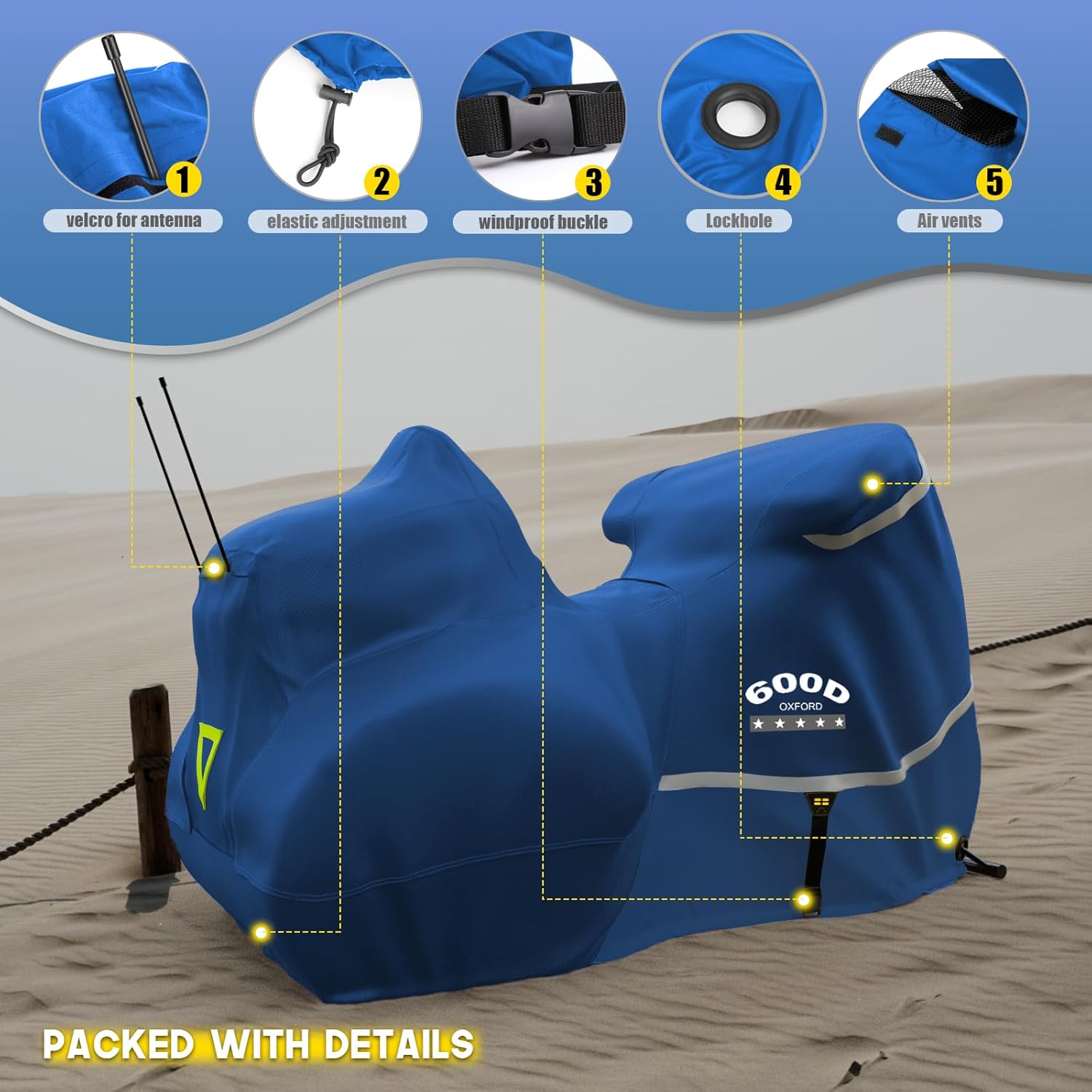 Rosefray Motorcycle Cover with Side+Top Box Heavy Duty 600D Waterproof for Touring Models Harley Davidson Ultra Limited,Road Glide Limited, Gold Wing,Road Master,Indoor & Outdoor Storage Blue