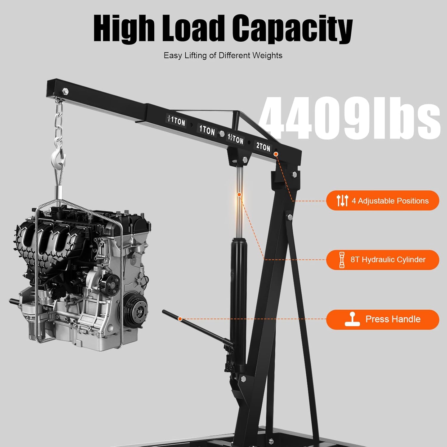 Folding Engine Crane 2 Ton Folding Engine Hoist 4400lbs Crane Hoist Lift with 6 Iron Caster Wheels for Garage, Workshop (Black)