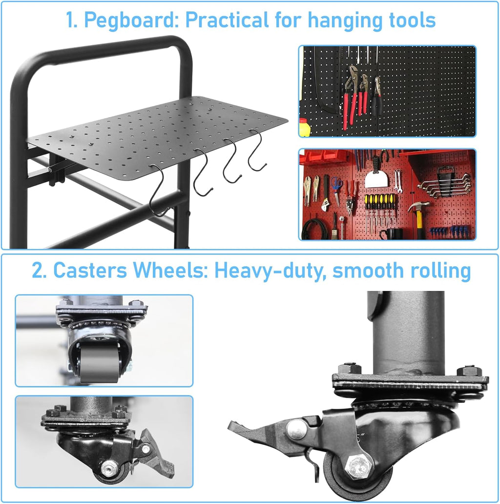 Rolling Tire Rack for Garage, Adjustable Metal Tire Rack with Foldable Heavy-Duty Hole Board, 4 Self-Locking Swivel Casters, 59” Height, 660 Pound Capacity