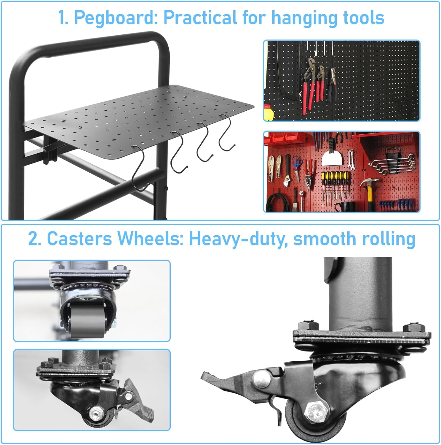 Rolling Tire Rack for Garage, Adjustable Metal Tire Rack with Foldable Heavy-Duty Hole Board, 4 Self-Locking Swivel Casters, 59” Height, 660 Pound Capacity