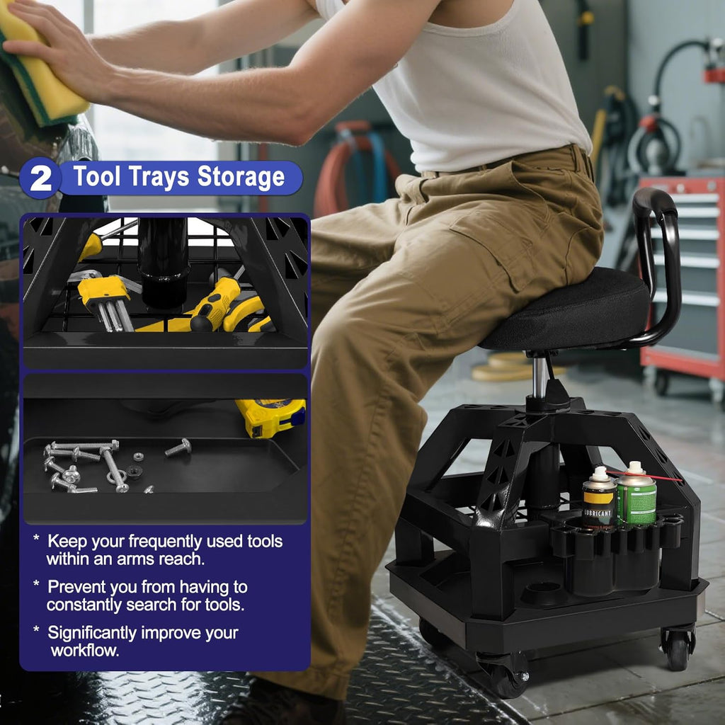 Rolling Shop Stool with Wheels, Heavy Duty Garage Work Mechanic Stool with Backrest, Adjustable Height 360°Swivel Rolling Chair with Tool Tray Storage, 330 LBS Capacity, Black