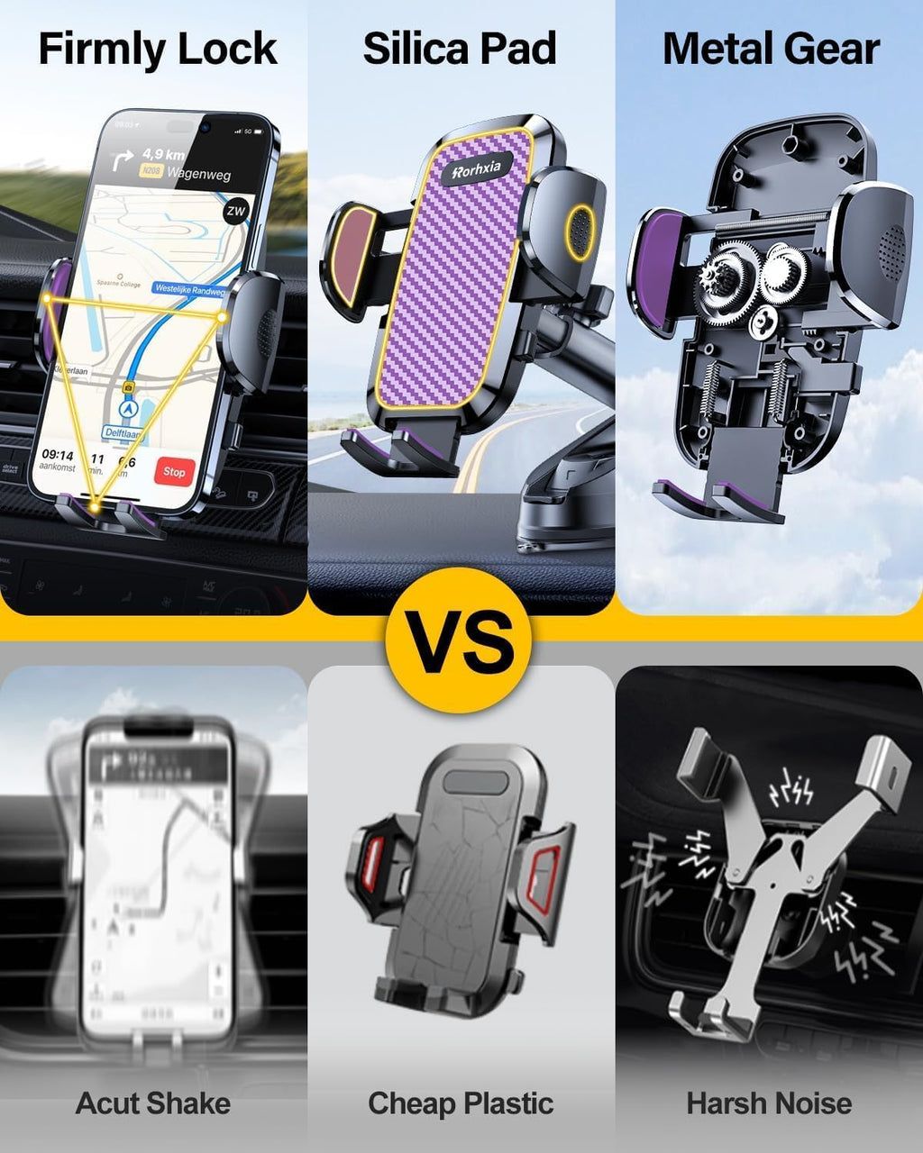 Purple 3-in-1 Phone Holders for Your Car [2025 Most Stable and Flexible Suction Cup] Vent Dashboard Windshield Cell Phone Car Mount Fit for iPhone, Samsung, All Phone