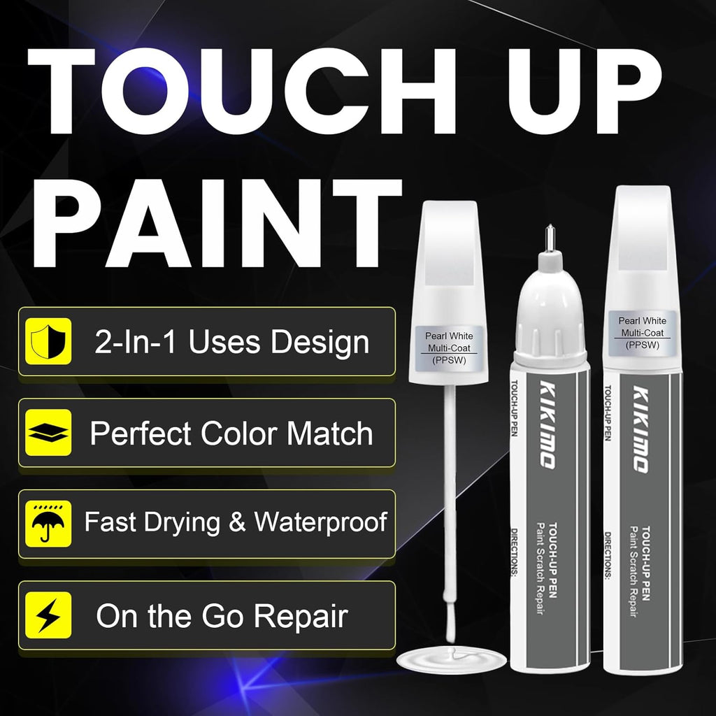KIKIMO for Tesla Touch Up Paint(Pearl White Multi-Coat(PPSW)), Car Paint Repair Kit for Tesla Model Y/3/S/X, 2 In 1 Scratches Repair with Pen Tip and Brush, Color-Matched for Quick & Easy Fix