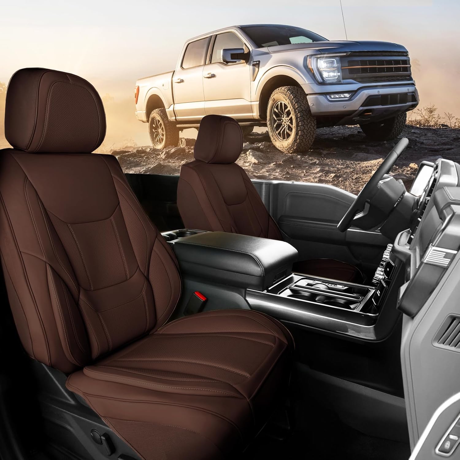 Coverland Custom Car Seat Covers Compatible with Ranger, Titan, Ram 1500 - Premium Leather Non-Slip Memory Foam Waterproof Custom Fit Interior Protector Front Seat-Dark Brown [See Size Chart-Size A20]