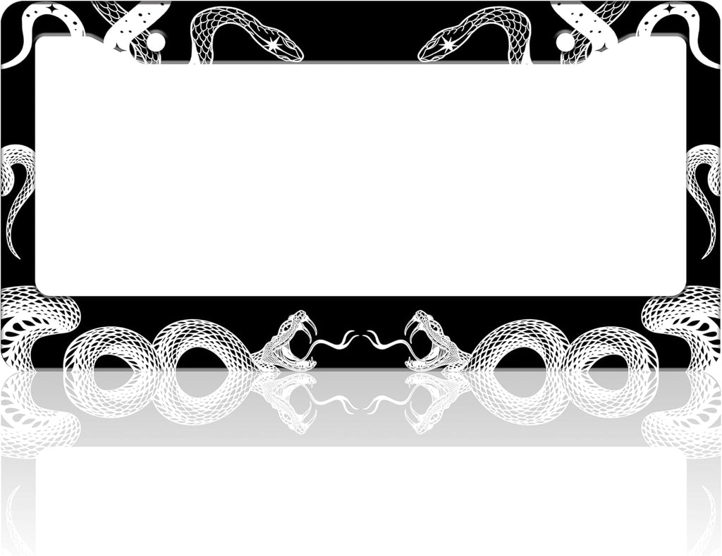 Black and White Snake Crawling License Plate Frame Gothic License Plate Holder for Front or Rear Car Tags Stainless Steel Funny Car Decoration with Screws 6.3 X 12.2 in
