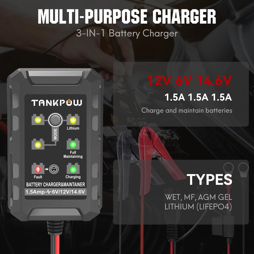 1.5-Amp Smart Car Battery Charger,6V and 12V Automotive Battery Charger Battery Maintainer,Trickle Charger,Float Charger for Cars,Motorcycle,ATV,AGM,Gel,Lithium and Deep Cycle Batteries