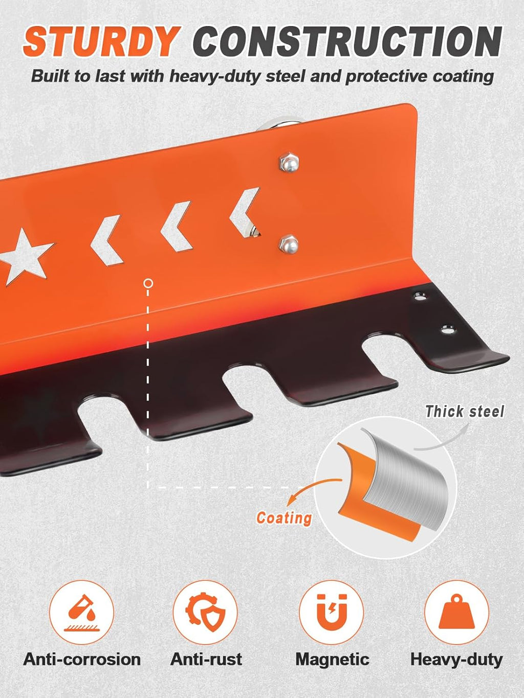 Paint Spray Gun Rack for Magnetic or Wall Mount, Holds 7 Gravity Feed Guns or 4 with Cups, Heavy-Duty Steel Paint Organizer with S-Hooks for Garage, Body Shop or Workshop, Orange