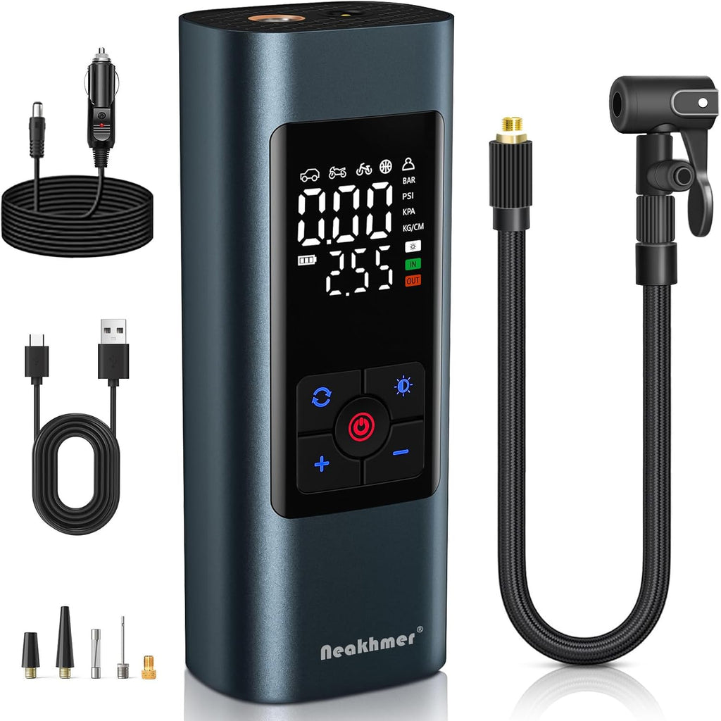 Tire Inflator Portable Air Compressor: Cordless Air Pump for Car Tires 150PSI - Tire Pump with Pressure Gauge for Car Bike Motorcycle Balls (Grey Blue)