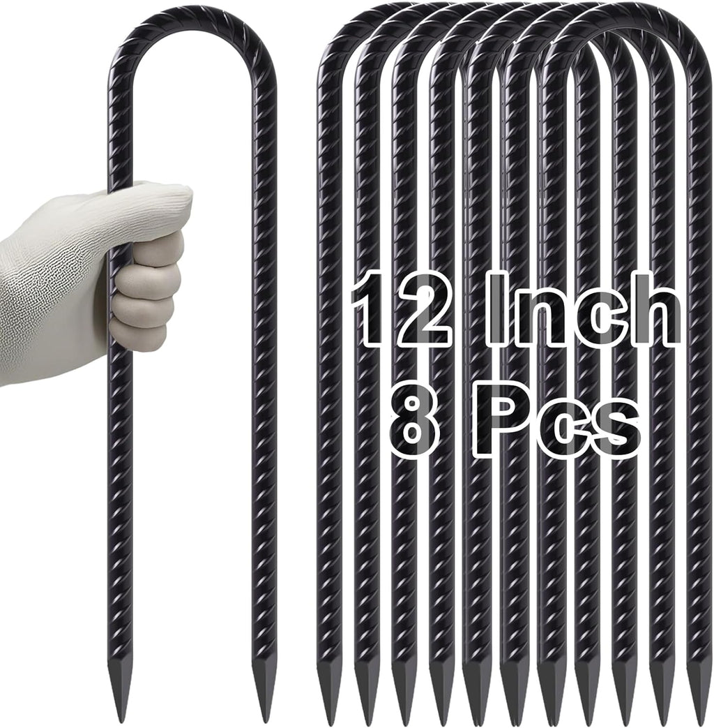 VVOKGO Trampoline Stakes 12 Inches Anchors High Wind Heavy Duty, 8-Pack U Shaped Tie Down Anchor Kit for Ground, Camping Tent, Soccer Net, Swing Set, Black