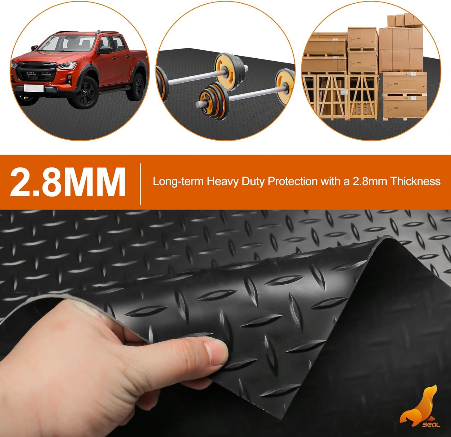 SEAL 6 x 15 Ft Premium Garage Floor Mat, Solid 2.8mm Thickened Black Commercial Grade Heavy Duty Parking Mat for Garage Floor, Golf Cart, Water/Stain Resistant Floor Runner (Embossed Diamond Plate)