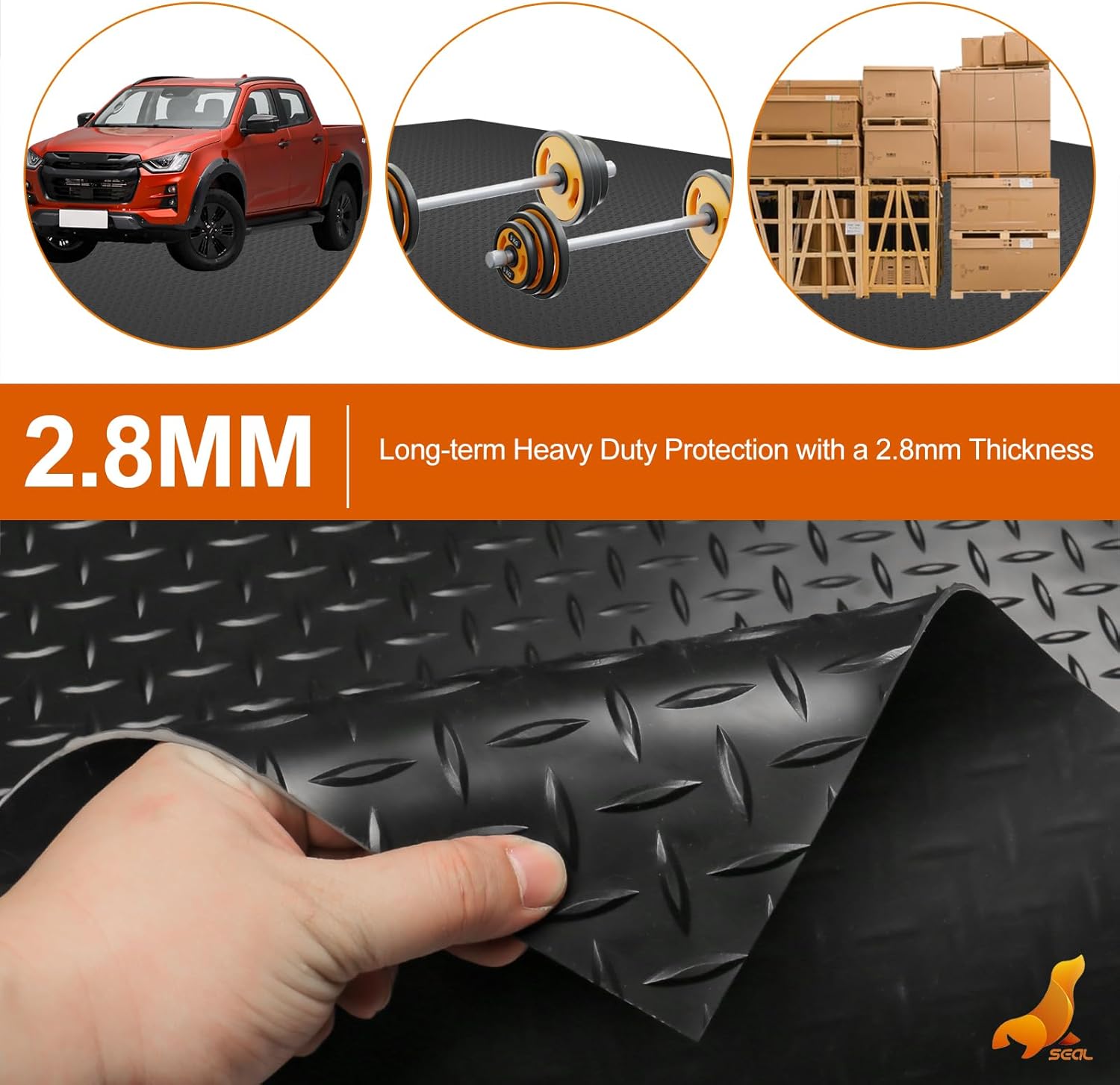 SEAL 4 x 15 Ft Premium Garage Floor Mat, Solid 2.8mm Thickened Black Commercial Grade Heavy Duty Parking Mat for Garage Floor, Golf Cart, Water/Stain Resistant Floor Runner (Embossed Diamond Plate)