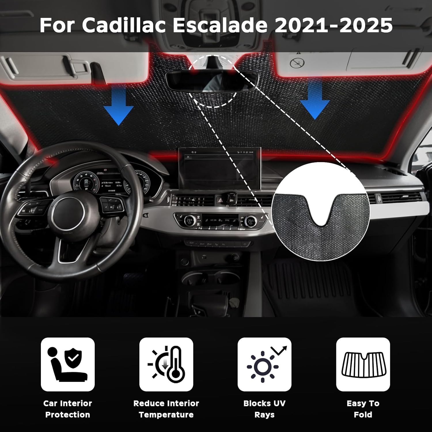 Windshield Sun Shade for Cadillac Escalade 2021-2025 - 5-Layer Bubble Foldable Front Window Shade Sun Visor Accessories - Blocks Heat & UV Rays