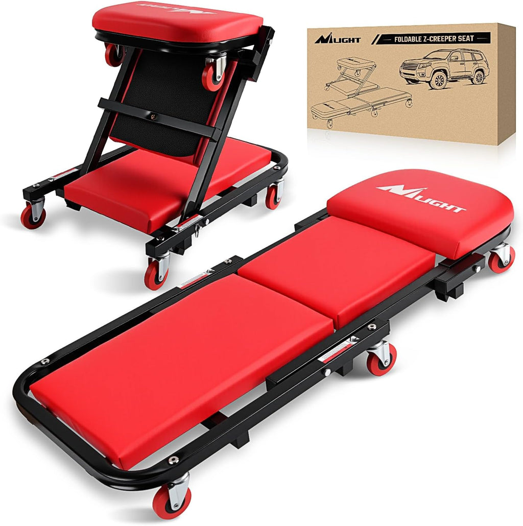 Nilight 40" Z Creeper - 2-in-1 Folding Rolling Mechanic Seat, 40 inches Adjustable Lay-Down or Sit Garage Chair, 330 lbs Capacity, Red Black