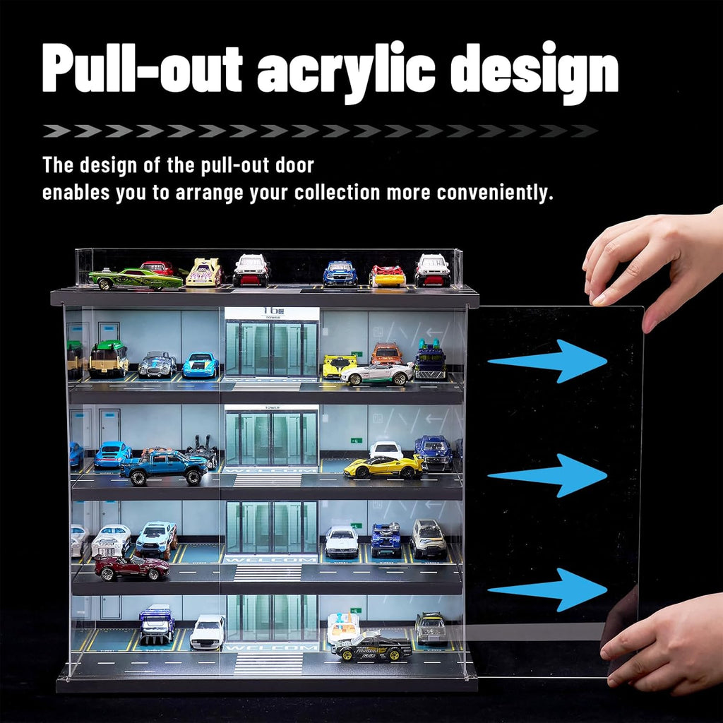 Display Case Compatible with Hot Wheels Garage & Matchbox Cars with LED Light 1/64 Scale Diecast Toy Cars Storage Case 5 Level Holds Max 75 Cars Storage Case for Hot Wheels Garage Gifts for Collector