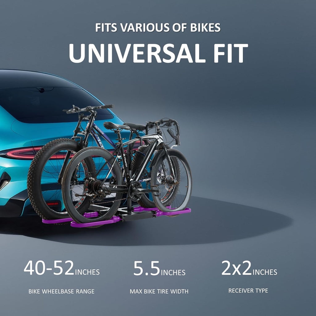 Ebike Rack for Tow Hitch, Ebike Carrier Hitch Mount 2 Bike, Electric Bike Rack for Car Hitch with 2-Inch Receiver (2 Bike - 200 Lbs Cap - Purple)