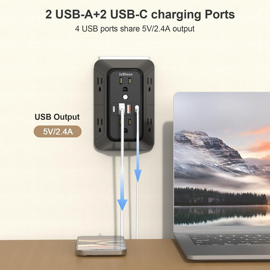 Outlet Extender Surge Protector - 6 Outlet Splitter with 4 USB Ports (2 USB C), Multiple Plug Expander Wall Charger, 3 Sided Multi Plug Wall Adapter Power Strip for Home Office Kitchen Travel