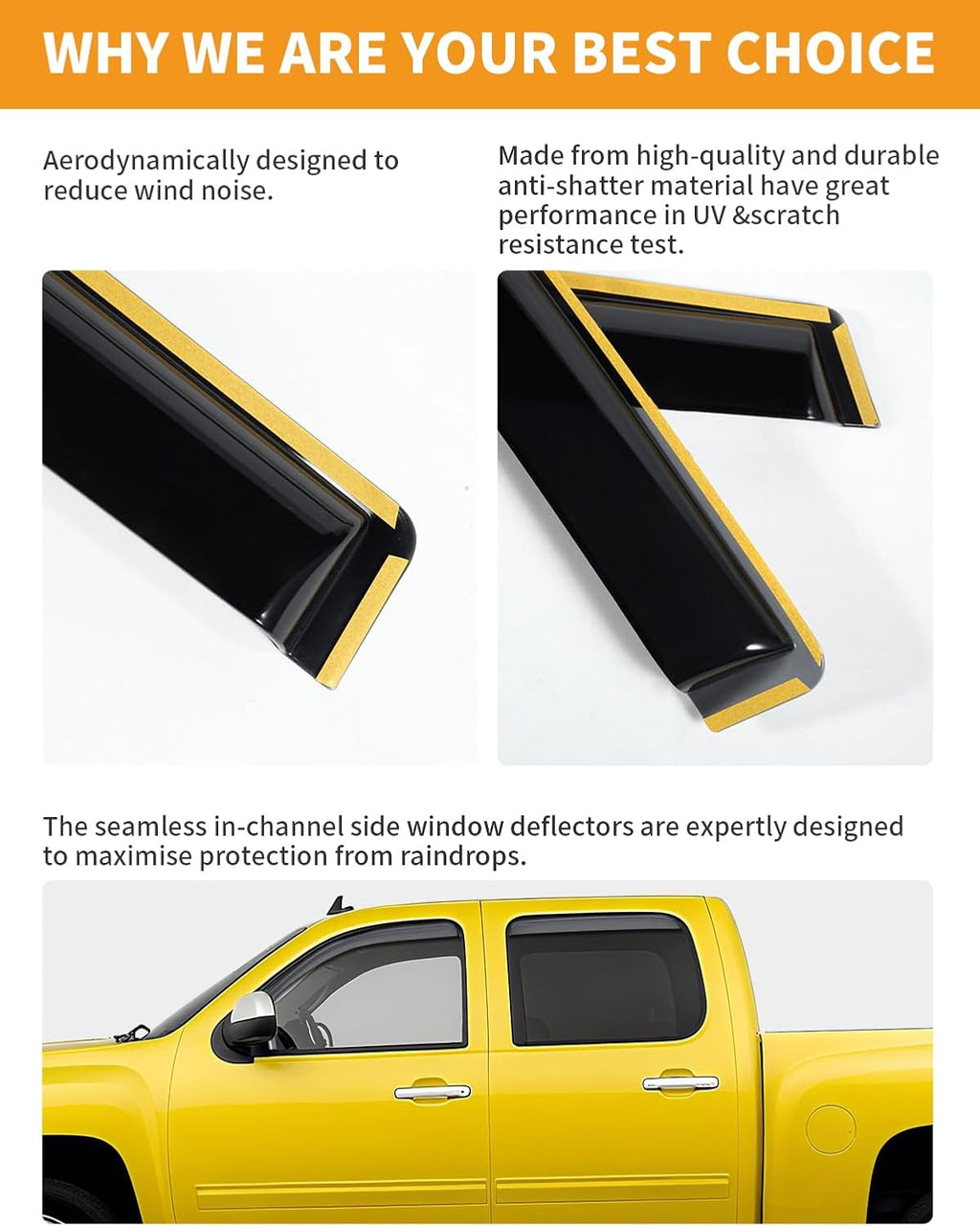 in-Channel Window Rain Guards Fit for Truck Chevrolet (Chevy) Silverado/GMC Sierra 2007-2013 Crew Cab Extra Durable Window Deflectors Vent Visors Shades Car Accessories Visors Rain Guards