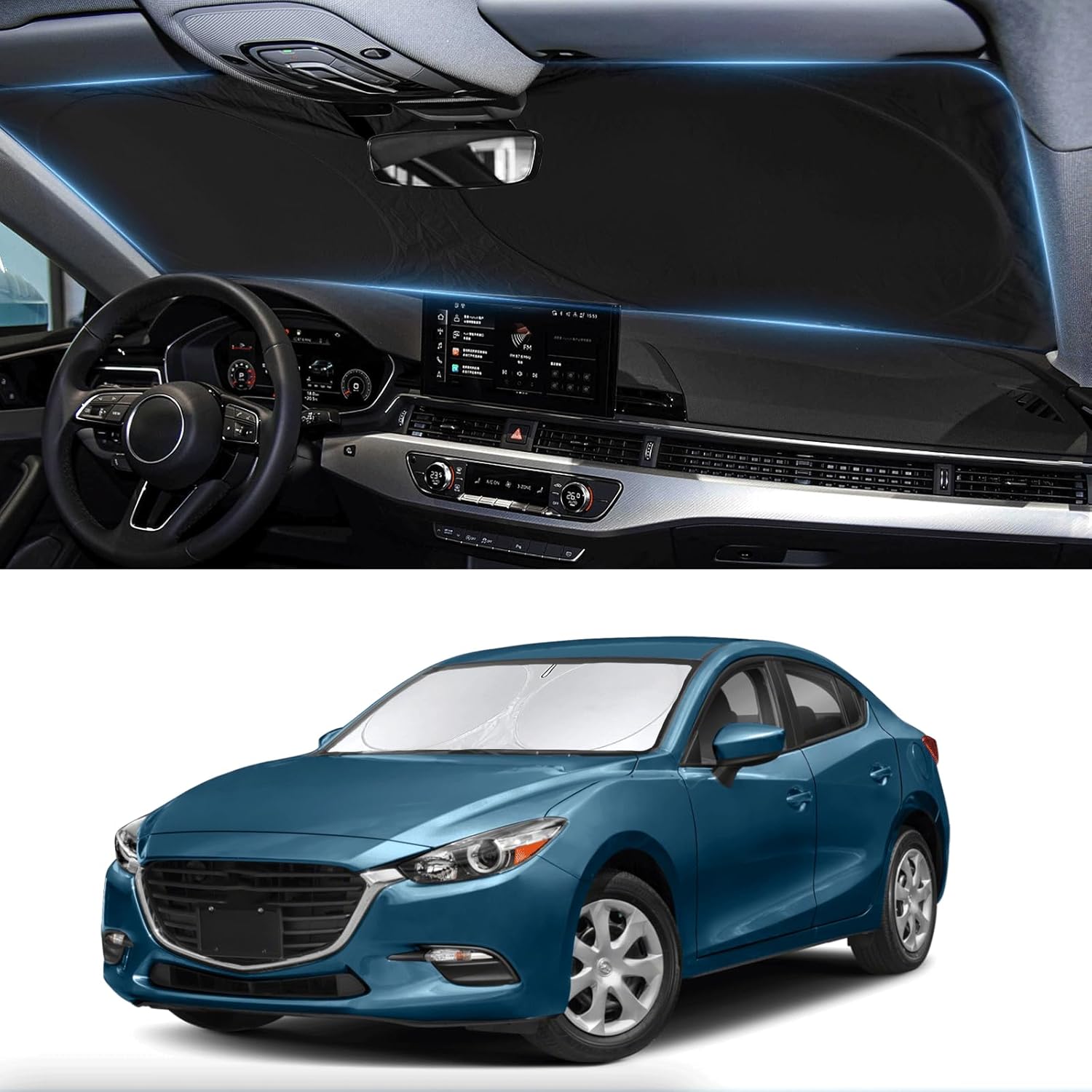 Custom Fit Mazda 3 Windshield Sunshade for Mazda 3 Accessories 2019-2024 2025 2026 Hatchback/Sedan Accessories Front Window Shades Cover for Windshield Sun Visor Protector Keep Car Cooler