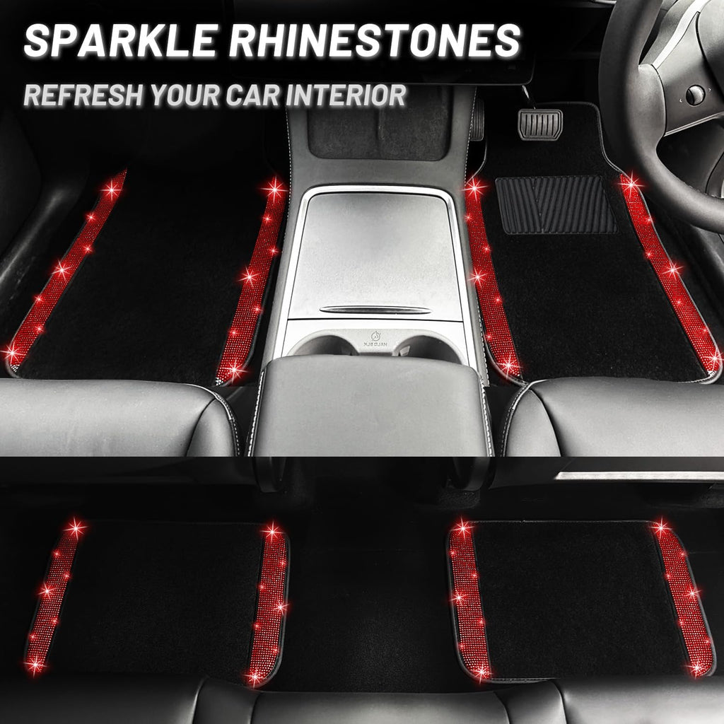 NBTEPEM Red Bling Car Floor Mats Full Set, Universal Fit Most Cars,SUV, Trucks, 4 pcs Sparkle Glitter Diamond Carpet for Women Girls with Anti-Slip Pad (Red Diamond)
