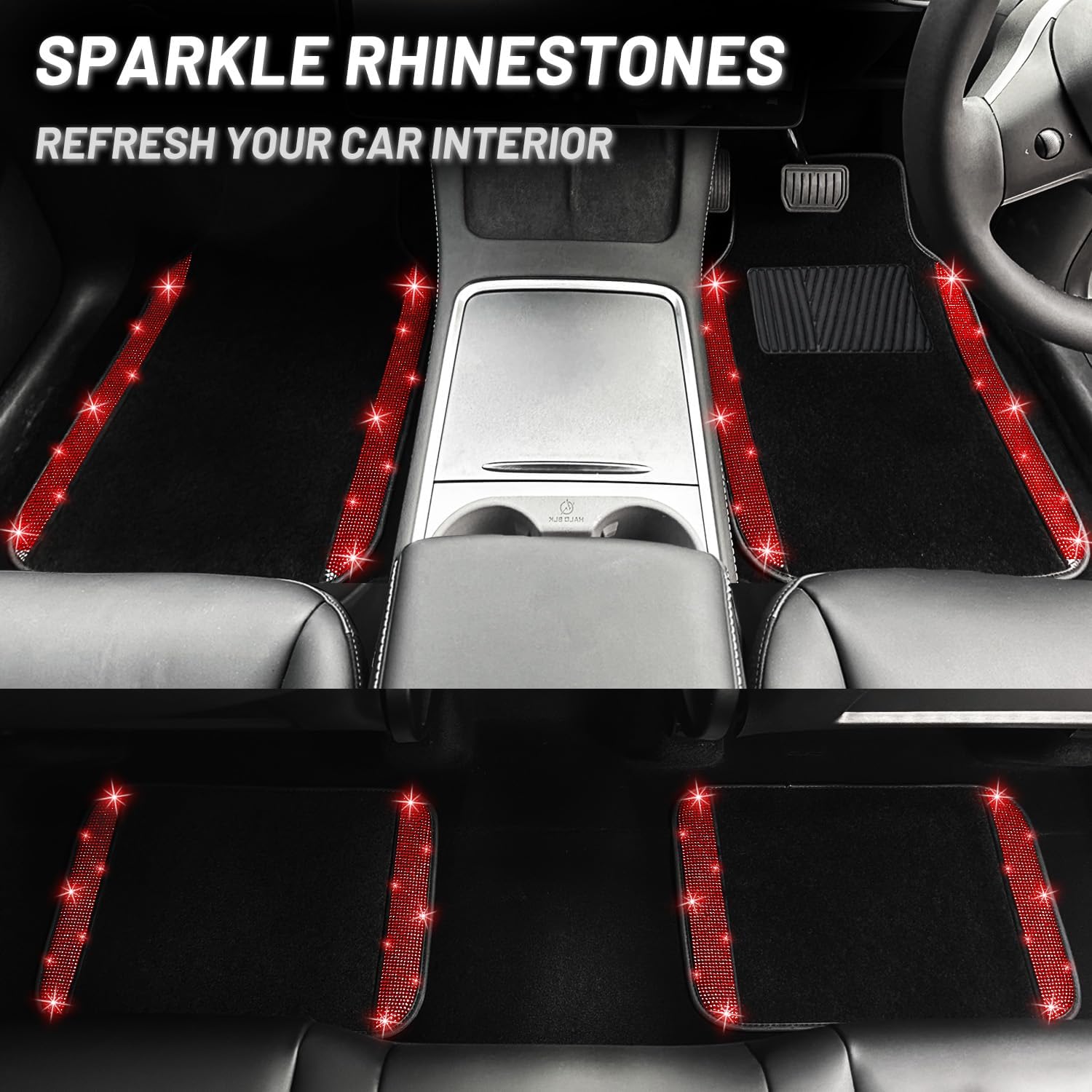 NBTEPEM Red Bling Car Floor Mats Full Set, Universal Fit Most Cars,SUV, Trucks, 4 pcs Sparkle Glitter Diamond Carpet for Women Girls with Anti-Slip Pad (Red Diamond)