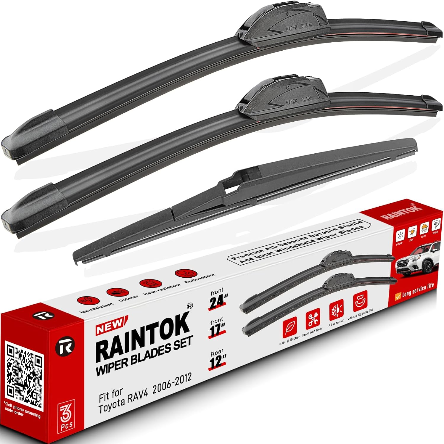 Windshield Wiper Blade Set Replacement for Toyota Rav4 2006-2012 Original Equipment Replacement Front Wiper Blades-24"/17"/12" (Set of 3) U/J Hook