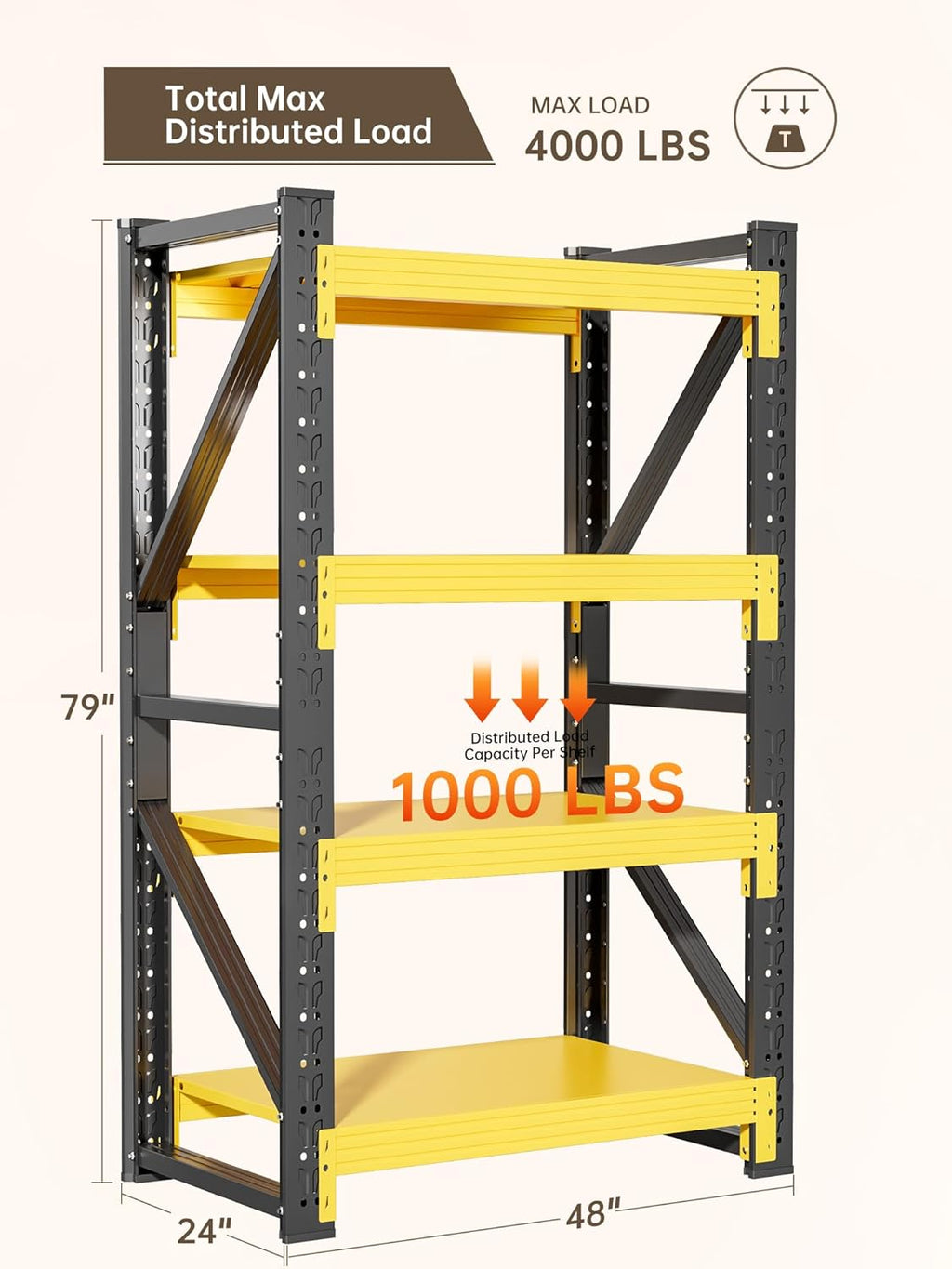 4-Tier Storage Shelves,79" H Heavy-Duty Garage Shelving Unit,Adjustable Industrial Metal Shelf System,4,000lbs Capacity,Tool Organizer for Garage,Workshop,48" W*24" D*79" H,Black&Yellow