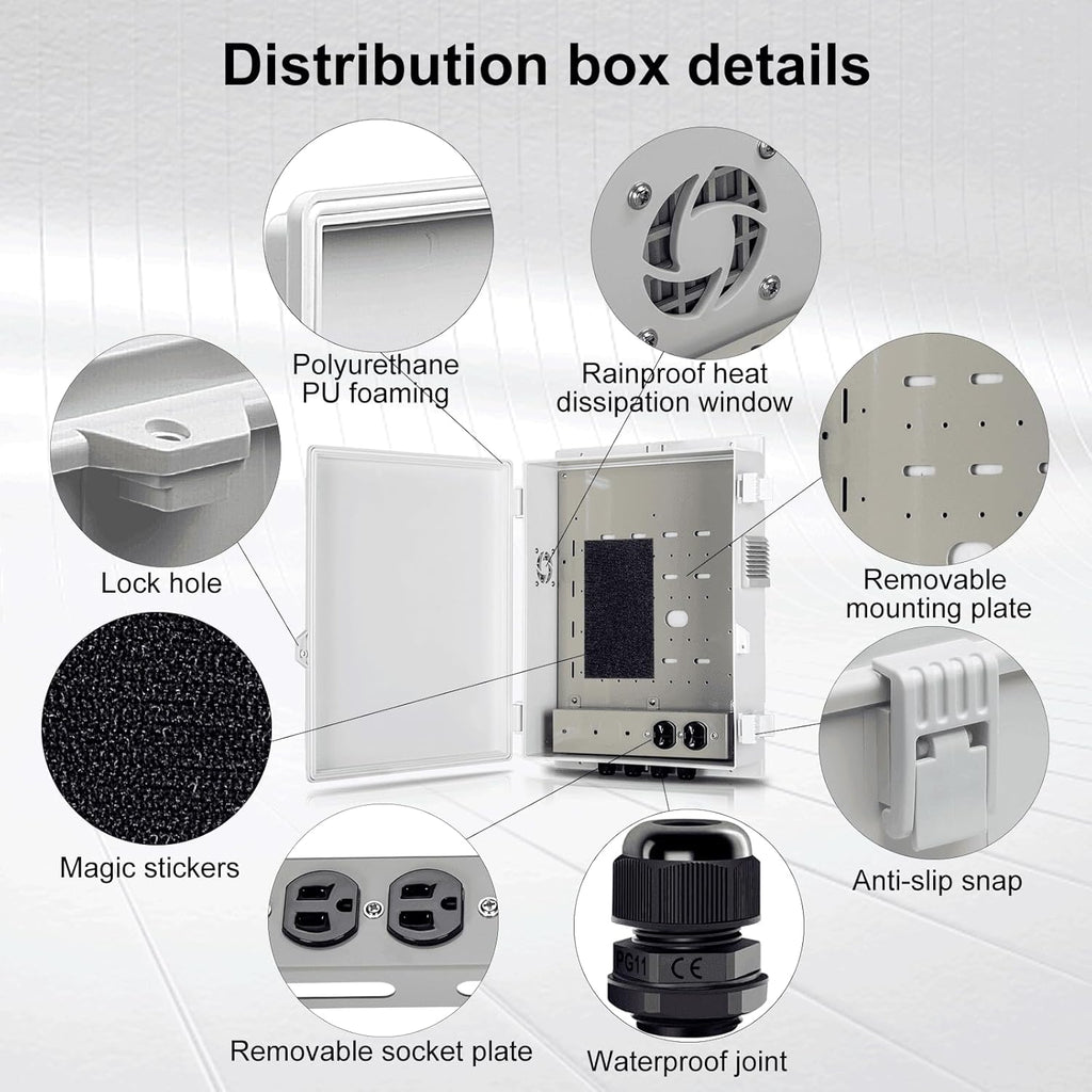 Outdoor Electrical Junction Box with High Power Outlet, ABS Water Resistant Enclosure with Internal Mounting Panel & Hinged Cover (16" H* 12" L* 4" W)