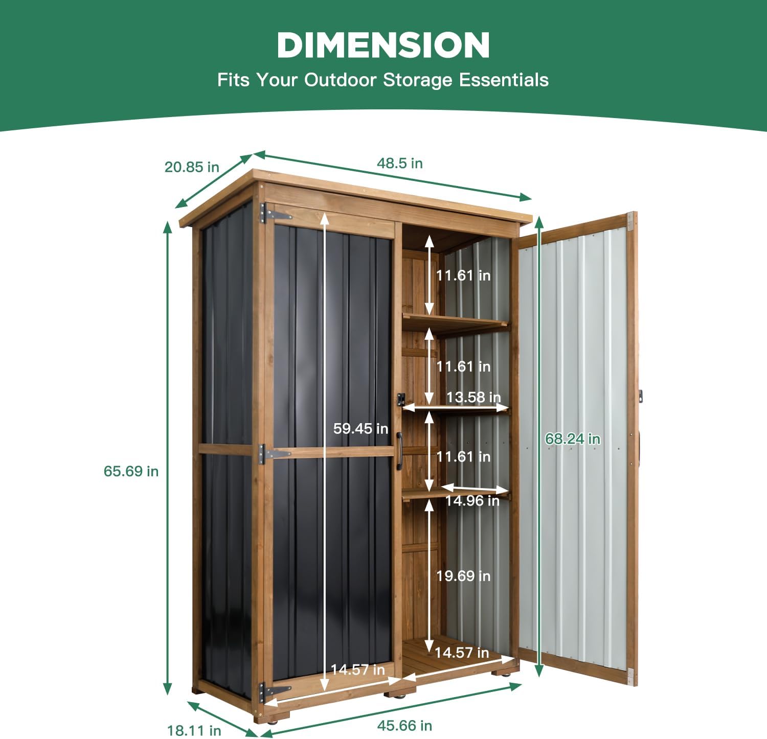 Outdoor Storage Cabinet Wood & Metal, Storage Shed Waterproof Double Lock for Anti-Theft Removable Shelves Adjustable Feet Wooden Floor for Patio, Garden, Lawn Pool Storage, 46" X 18" X 68"