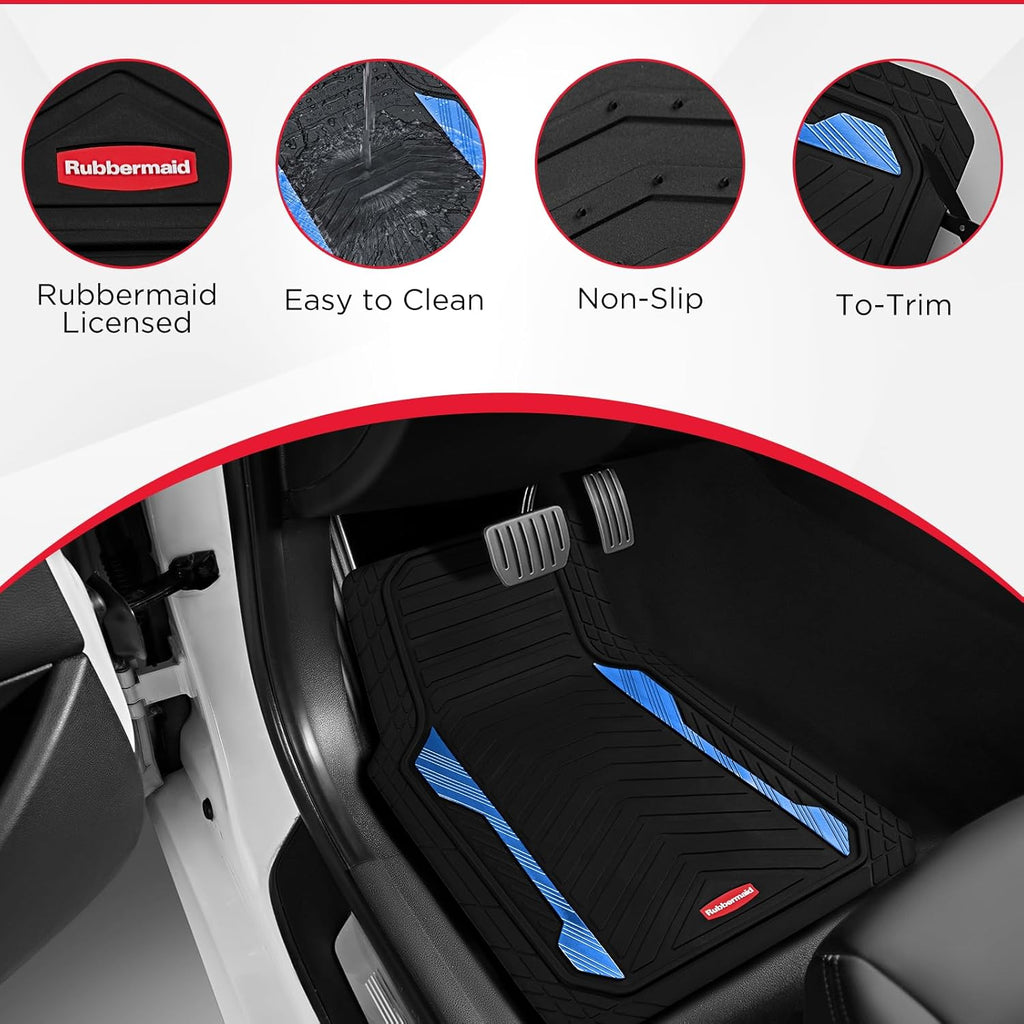 Rubbermaid Car Floor Mat, Heavy Duty All-Weather Car Mats Full Set with Dual-Tone Blue Aluminum Inserts – Universal Fit, Anti-Slip Backing, Trim-to-Fit for Most SUV, Sedan, Van