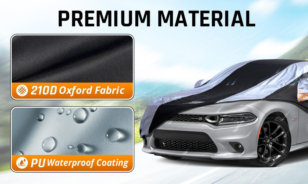 Dodge Charger Car Cover Waterproof All Weather with Silver Strip Design, Custom Fit for Dodge Charger 2006–2023, Charger Accessory with Door Zipper & Windproof Straps