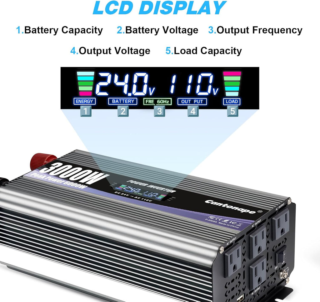 3000W Power Inverter 24V to 110V/120V DC to AC with LCD Display, Remote Controller and 4 x AC Outlets Car Adapter for Car Truck Boat RV Off Grid Solar System