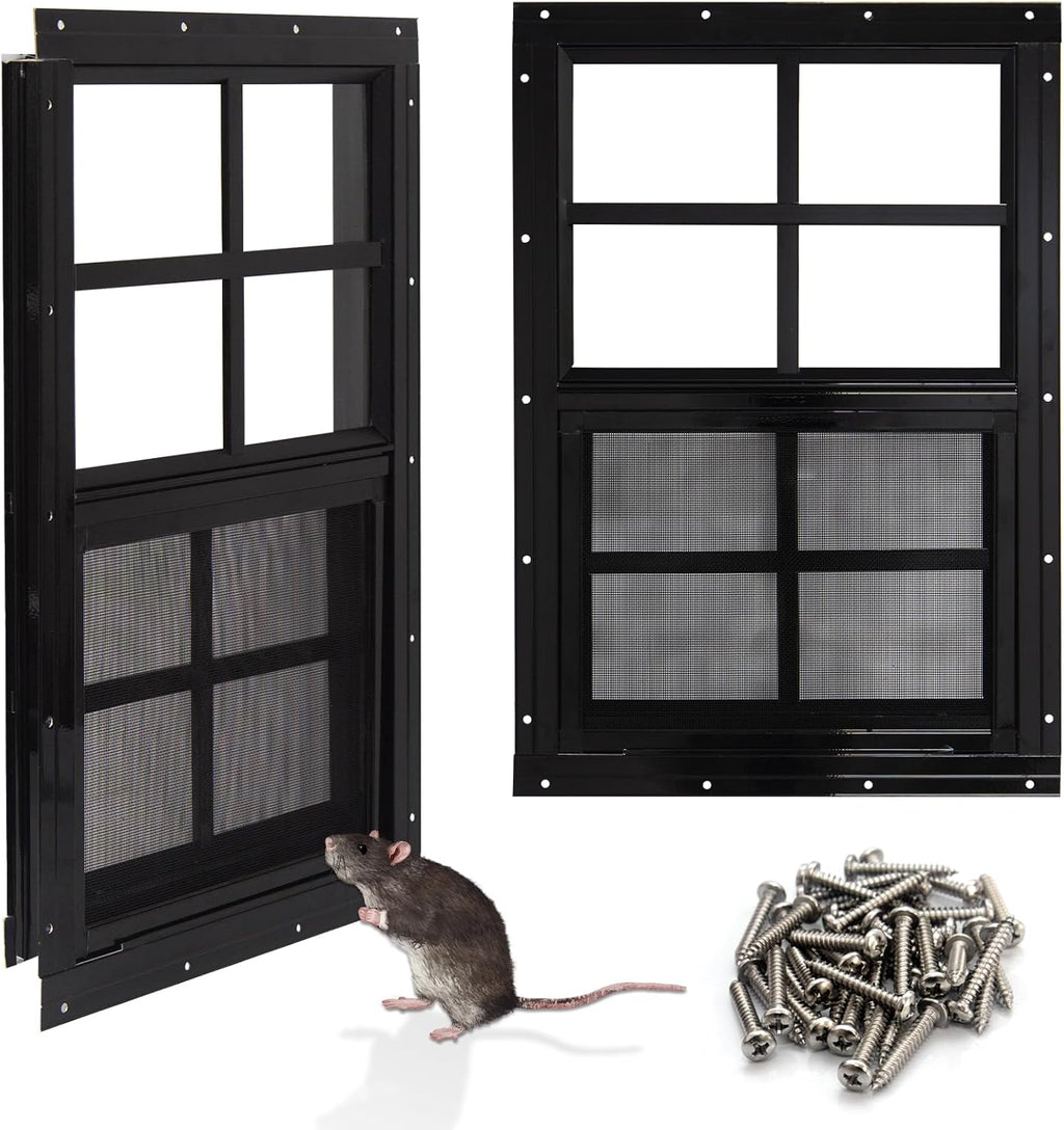 NeatiEase Upgraded Shed Windows 2 Pack, 12" x 18" Windows with Tempered Glass and Stainless Steel Screen for Shed, Chicken Coop, Playhouse, Household, Garage(Black)