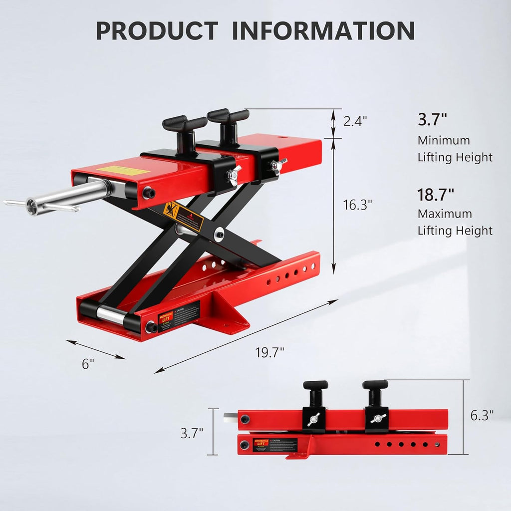 Motorcycle Scissor Lift Jack 1100LBS, Heavy Duty Bike Lift with Safety Lock Pin & Non-Slip Saddle, 3.7"-18.7" Lift Range for Cruisers, ATVs, Dirt Bikes