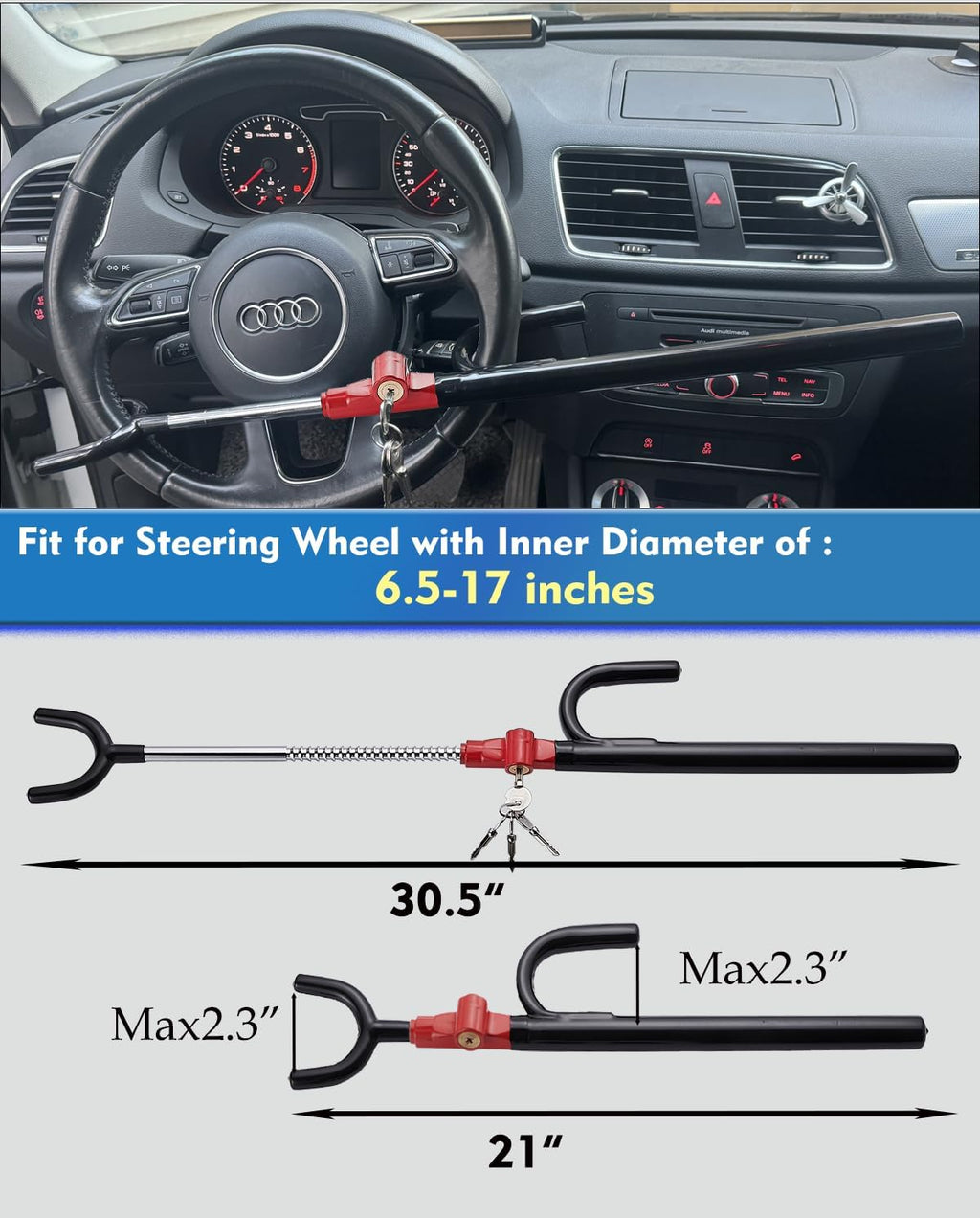 Steering Wheel Lock Anti-Theft car Device Car Wheel Locks Heavy Duty Vehicle Security Steering Wheel Lock for Truck Car Vehicles Van Lorry SUV with 4 Keys, Elongated Length BlackRed