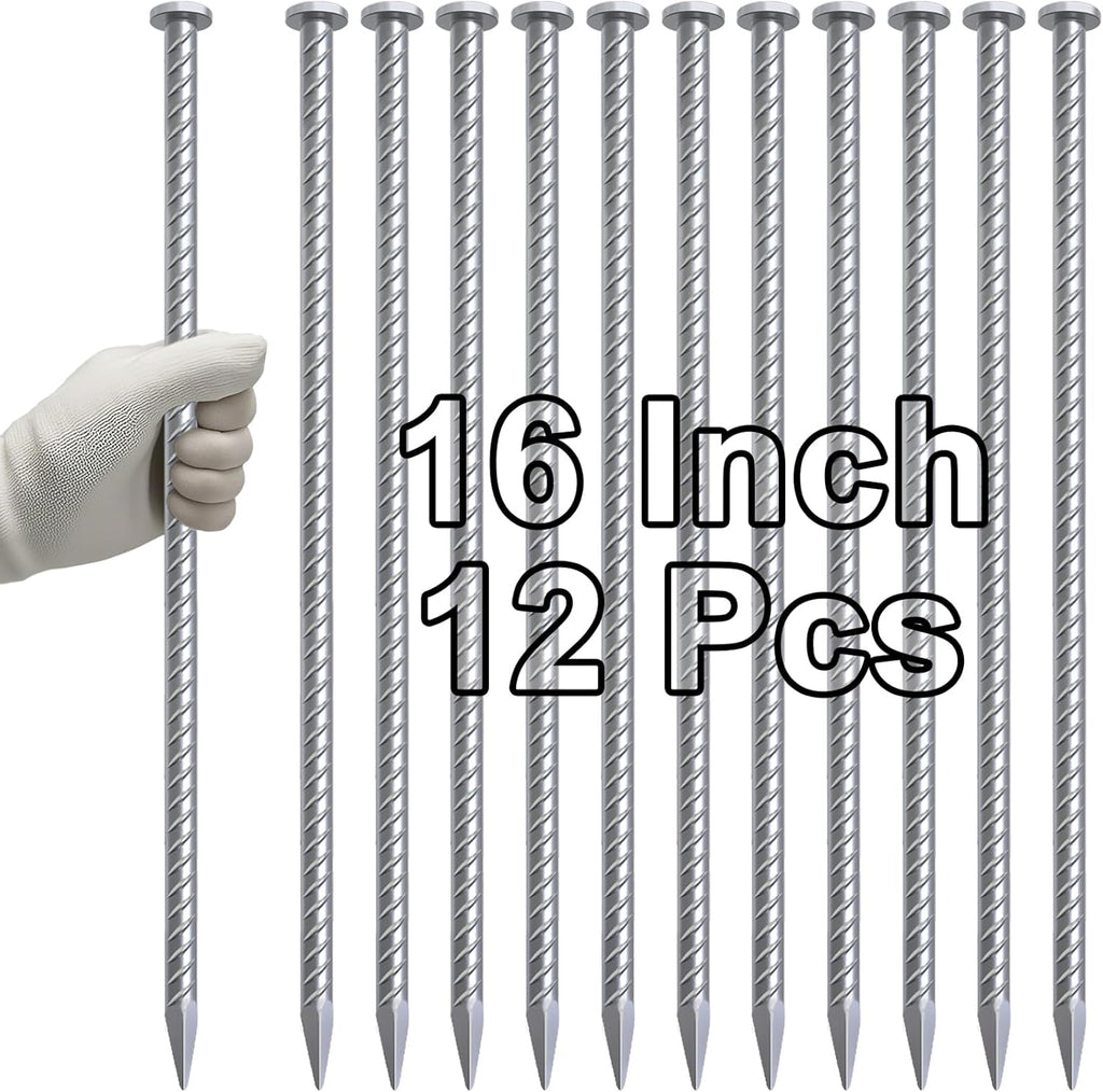 VVOKGO 16 Inch Rebar Stakes Metal Asphalt Anchoring Spikes Ground (12pcs), 1/2 Inch Diameter Galvanized Landscape Anchors Heavy Duty for Speed Bump, Handicap Threshold Ramps, Parking Limits Curb, Tarp