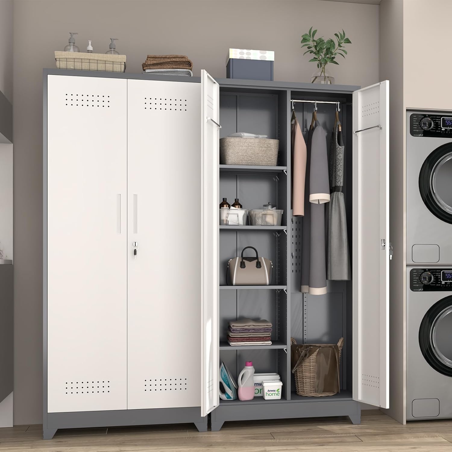 GREATMEET 72.8" Broom Storage Cabinet, Utility Cabinets for Brooms and Mops, Metal Storage Cabinets for Cleaning Supplies, Utility Closet for Garage, Grey&White