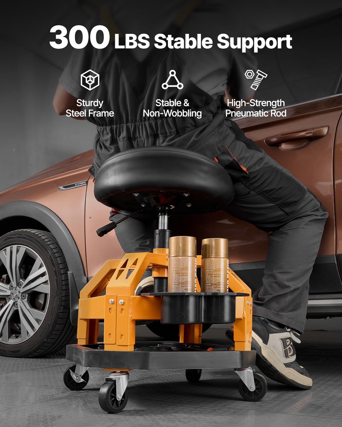VEVOR Garage Stool, Rolling Mechanic Stool with Dual Storage Trays, Pneumatic Height 23.6–29.5 in, Soft Waterproof Cushion, 360° Swivel Casters for Garage, Shop & Auto Repair