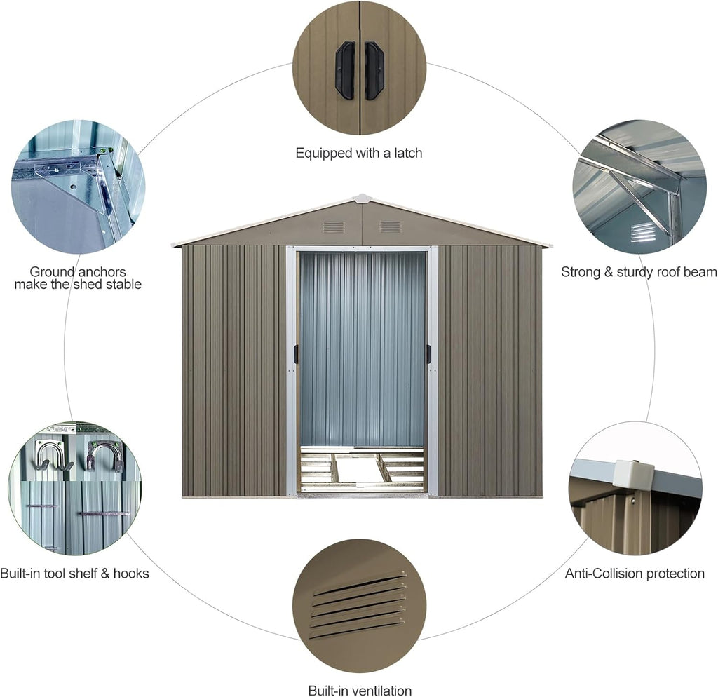 6x8 FT Outdoor Storage Shed, Metal Garden Shed with Frame Floor, Outside Tool Shed with Lockable Sliding Doors, Waterproof Storage Building with Sloped Roof for Backyard, Patio, Lawn, Gray