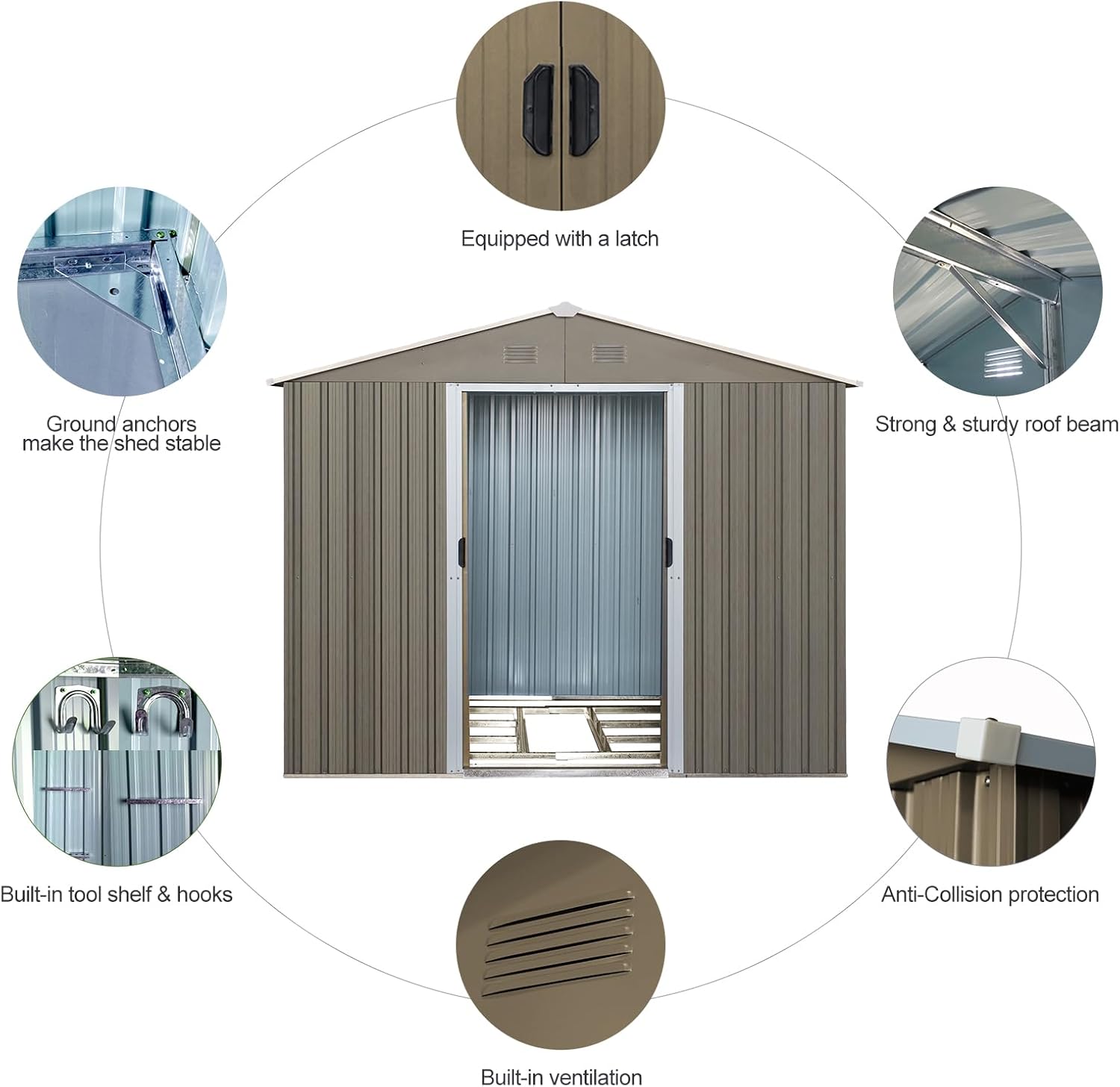 6x8 FT Outdoor Storage Shed, Metal Garden Shed with Frame Floor, Outside Tool Shed with Lockable Sliding Doors, Waterproof Storage Building with Sloped Roof for Backyard, Patio, Lawn, Gray