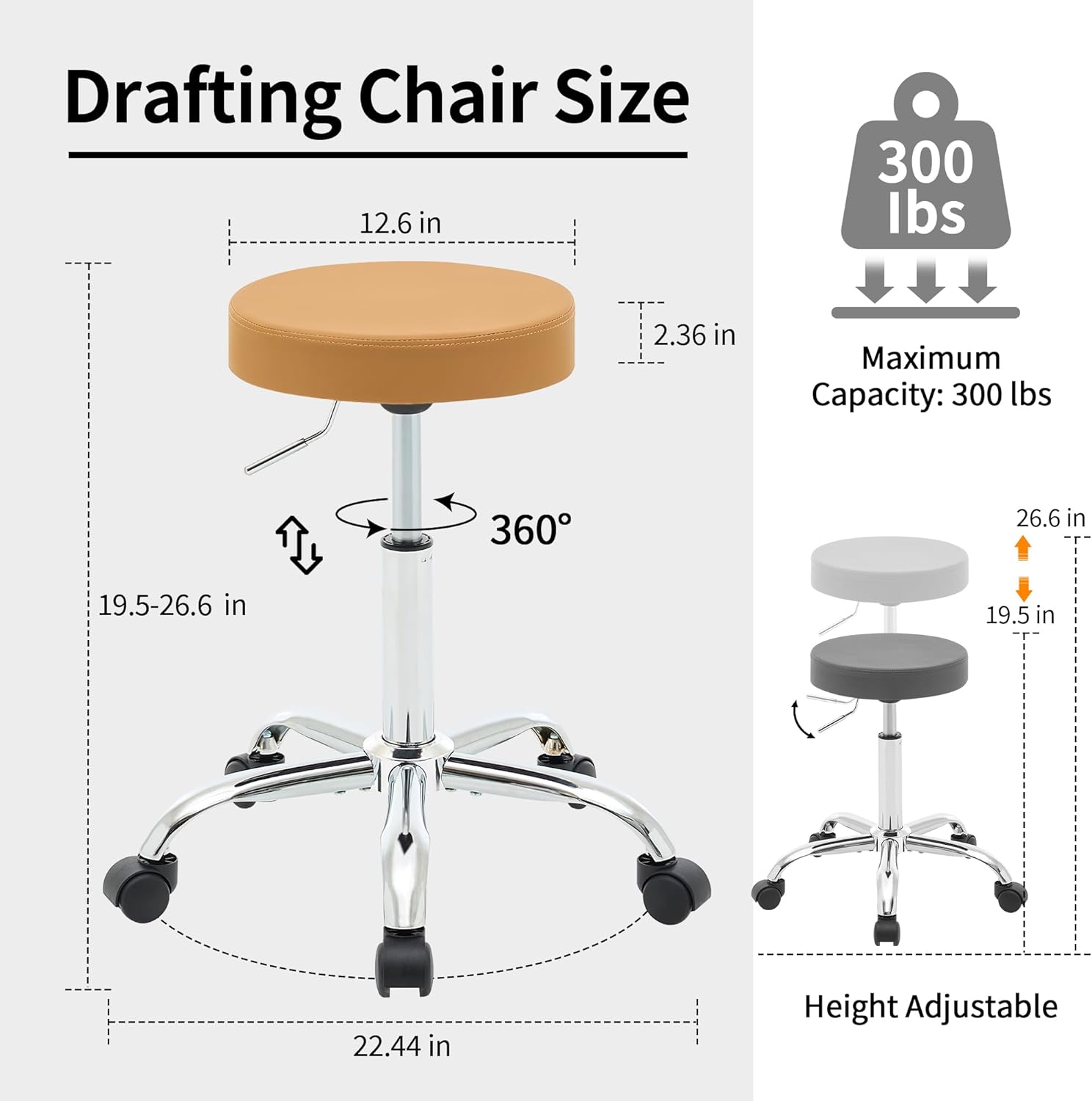 Office Desk Chair, Adjustable Swivel Rolling Stool 19.5’’-26.6’’,Camel Brown Desk Stool with Wheels (Camel Brown)