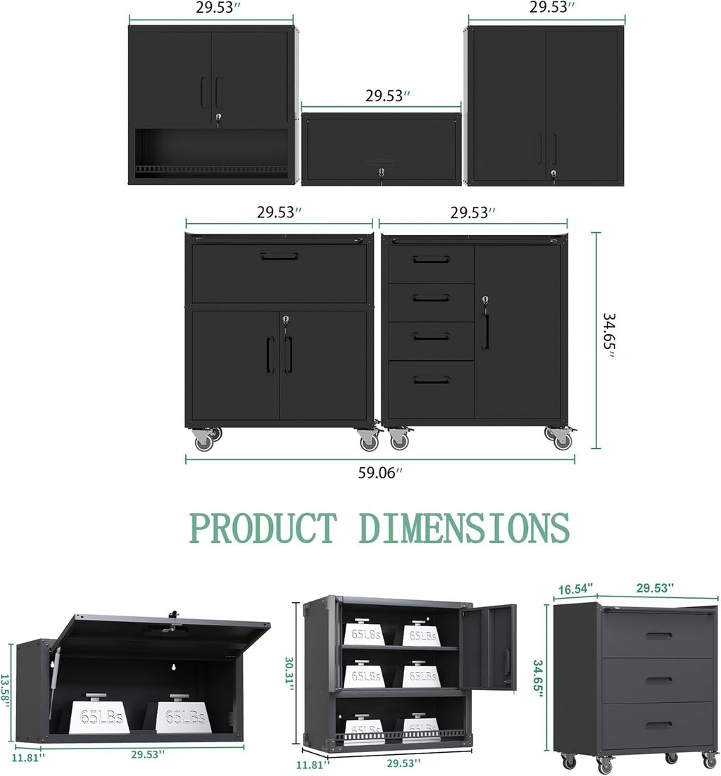 Metal Tool Cabinet,Garage Storage Cabinet System,Wall Cabinet & Locking Rolling Tool Cabinet with Doors and Adjustable Shelves,Steel Tool Cabinets for Home,Office (5 Pcs-StyleC, Black)