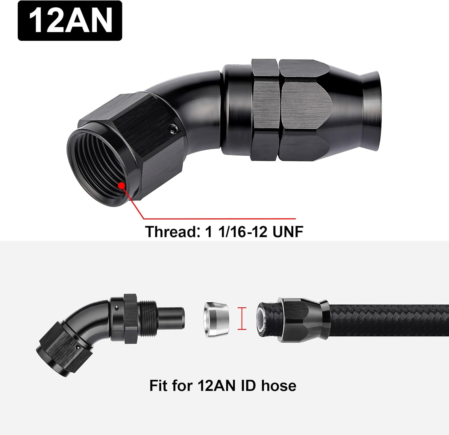EVIL ENERGY 12AN 45 Degree PTFE One Piece Full Flow End Hose Fitting Aluminum Black