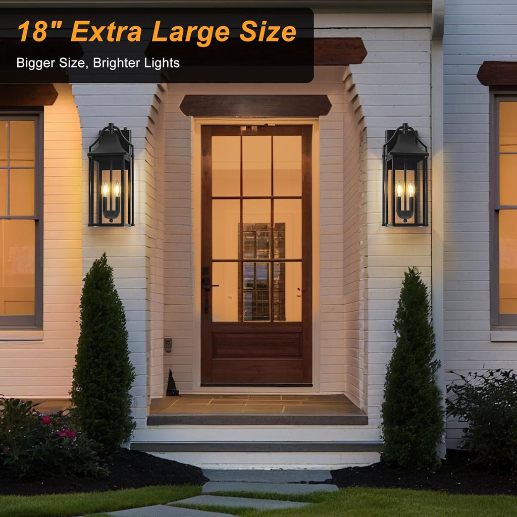 𝟏𝟖𝑰𝑵 Outdoor Wall Sconce Fixture, Dusk to Dawn Patio Lights Waterproof Exterior Lanterns, 2-Light Modern Wall Light Mounted with Glass, Black Outside Lights for House Front Door Entryway