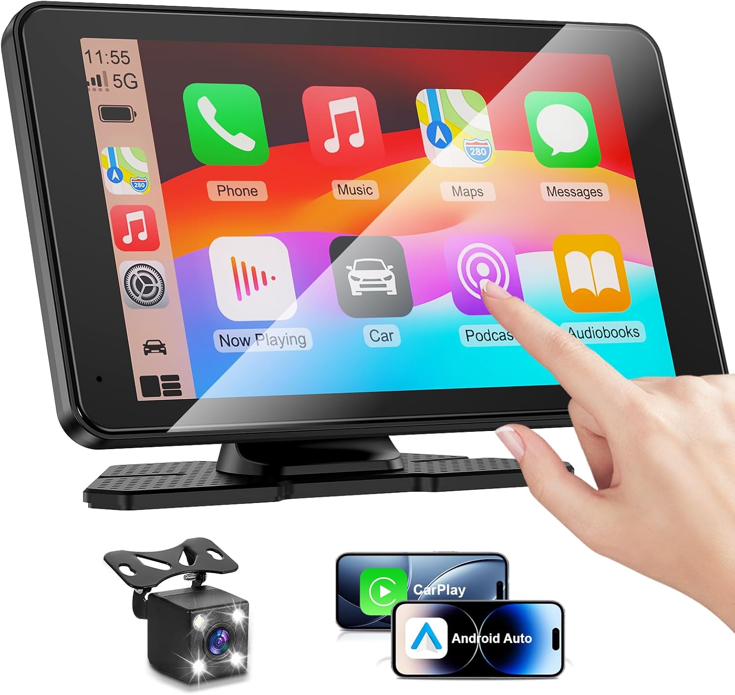 Apple Carplay Screen for Car, 7" HD Portable Car Stereo Touch Screen with Wireless Android Auto, Backup Camera with LED/Mirror Link/Voice Control/Bluetooth/GPS/AUX/FM Satellite Radio for All Vehicles