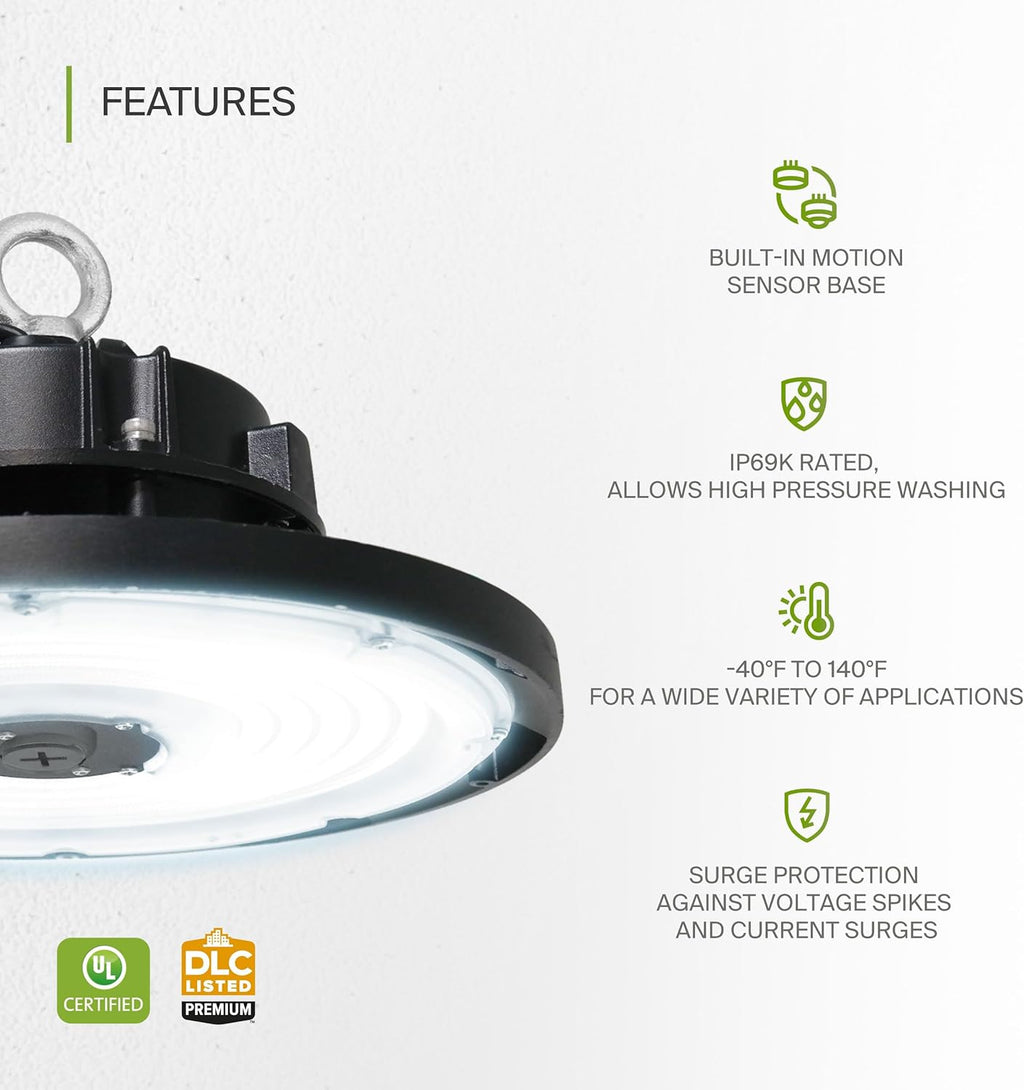 ASD LED High Bay UFO Light Fixture, Commercial Shop Lighting | Dimmable, IP69K Waterproof, DLC Premium, UL Listed | 150W 22000LM 5000K 277-480V | Warehouse, Garage, Workshop, Barn Lamp | Black, 6 Pack