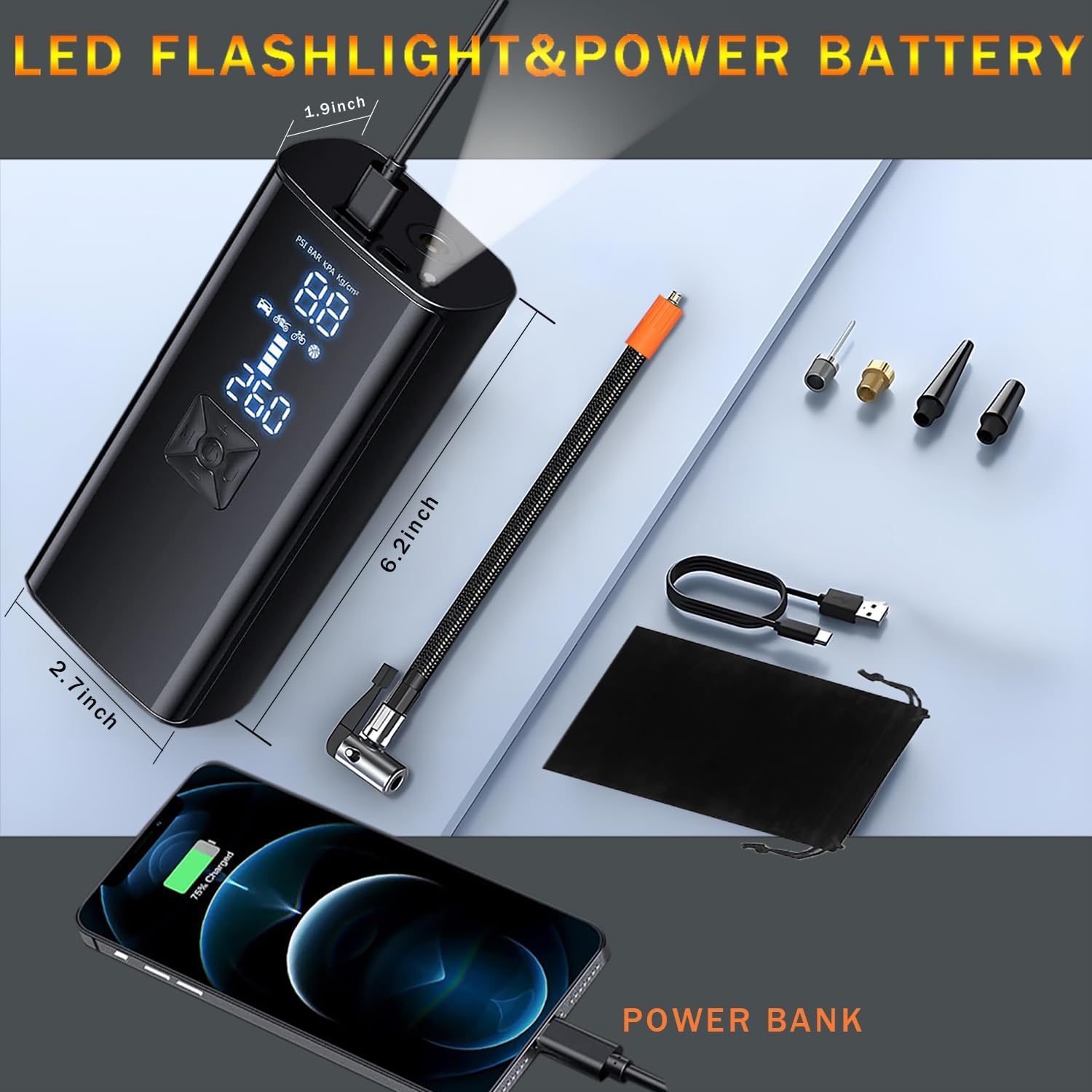 Portable Cordless Tire Inflator Air Compressor Pump for Car Motorcycle Bicycle Digital Pressure Gauge Shut Off LED Light 150PSI Fast Inflation for Tires Balls Sports Equipment